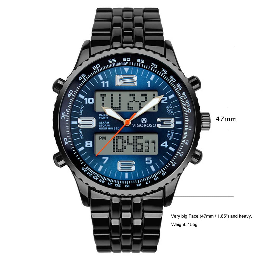 VIGOROSO Men's LED Analog Digital Sports Watch with Date & Week Display - Durable Black Steel Strap for Running, Gym & Outdoor Activities