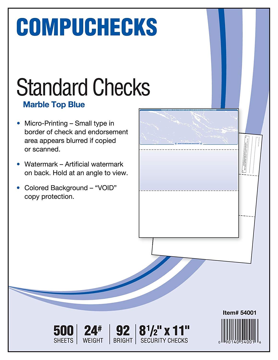 Compuchecks Top Blank Check Paper 500 Sheets - QuickBooks & Laser Printer Compatible Business Checks with Voucher - 8.5 x 11 Inch Blue Marble Design - Ideal for Accounting, Bookkeeping & Small Business Financial Management