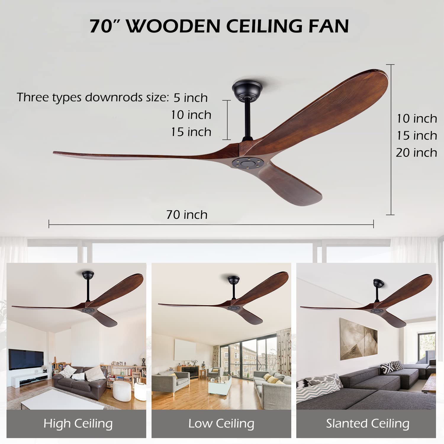 70 Inch Solid Wood Ceiling Fan Without Light - Remote Control, 3 Blades, Waterproof - Natural Wood Indoor/Outdoor Ceiling Fan for Patio, Bedroom, Living Room - Perfect for Cooling Large Spaces with Rustic Charm