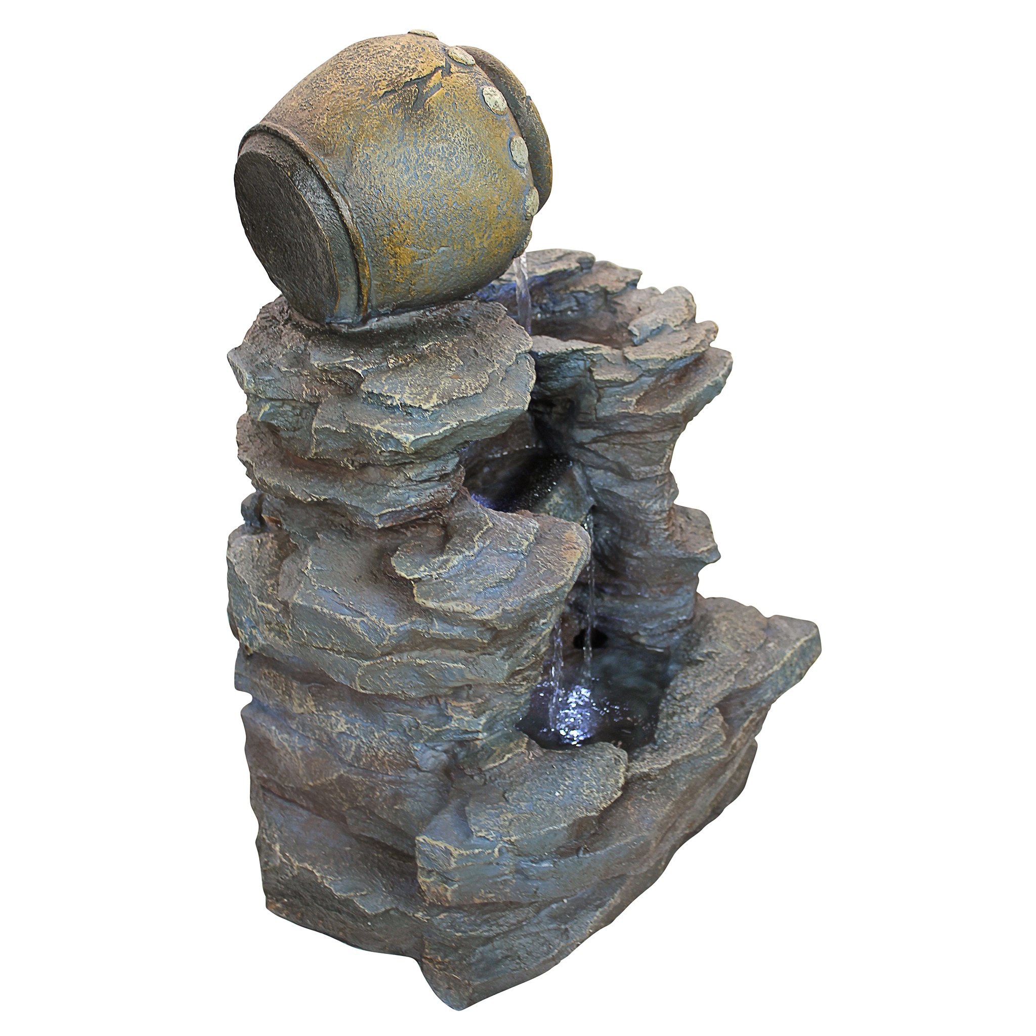 LED Light Water Fountain - Spilling Jug Rock Fountain for Garden, Patio, Yard | Outdoor Decorative Water Feature with Relaxing Sounds for Meditation & Backyard Landscaping