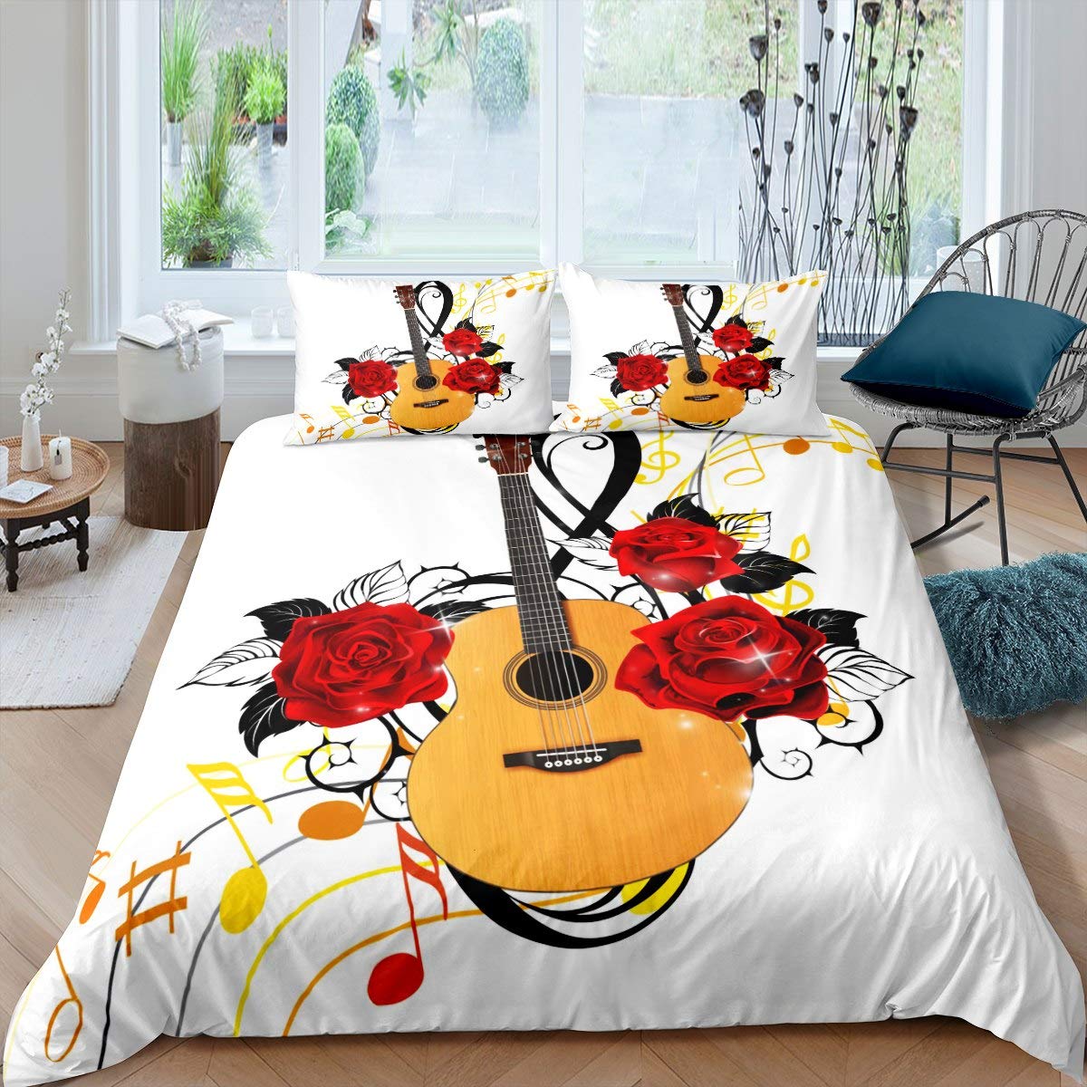 Kids Music Guitar Flowers Decor Soft Polyester Duvet Cover Set - Queen Size (1 Duvet Cover + 2 Pillowcases) for Teens & Children's Bedroom, White Background Bedding - Perfect for Boys & Girls Room Decor