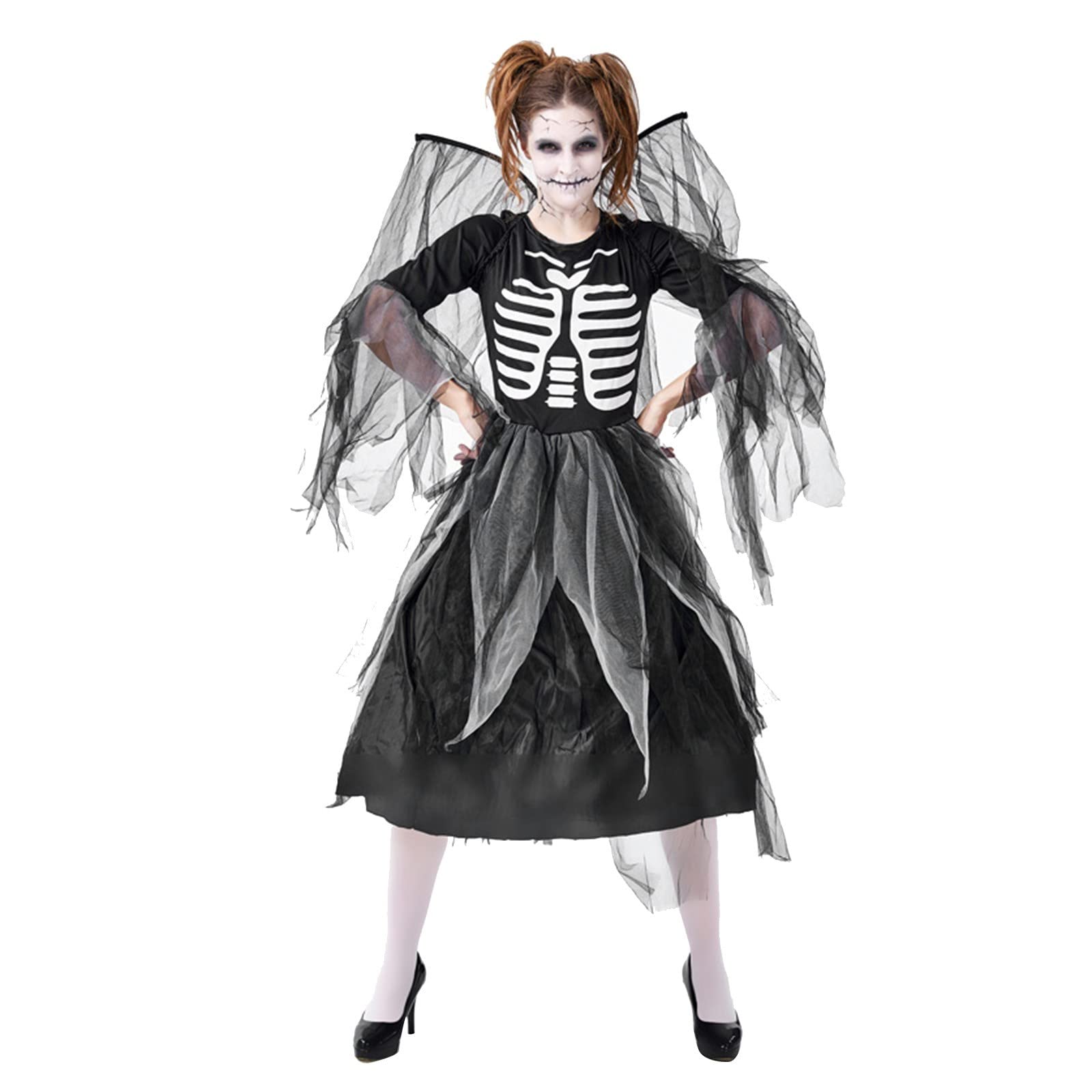 2Pcs Women's Skeleton Angel Halloween Costume Set - Gothic Bone Mesh Dress with Wings for Halloween Party, Cosplay & Gothic Fashion Events