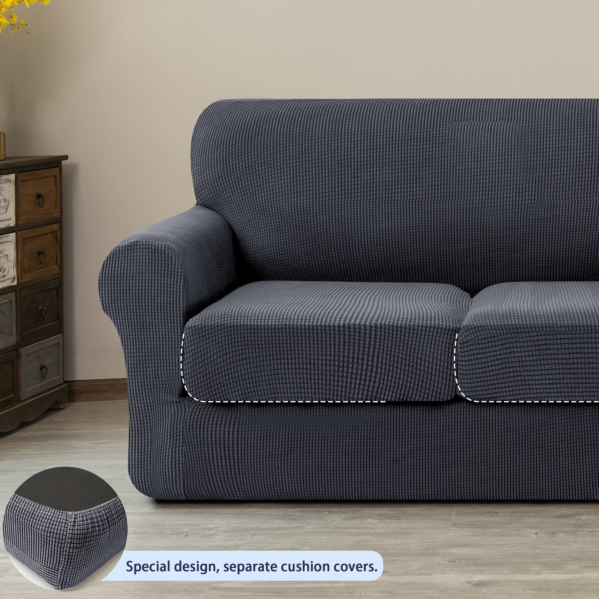 SUBRTEX Stretch Sofa Slipcover with Separate Cushion Covers - 1-Seater & 3-Seater Couch Protector for Pets & Kids (Small/Large, Gray) - Durable Furniture Cover for Living Room, Bedroom & Home Decor