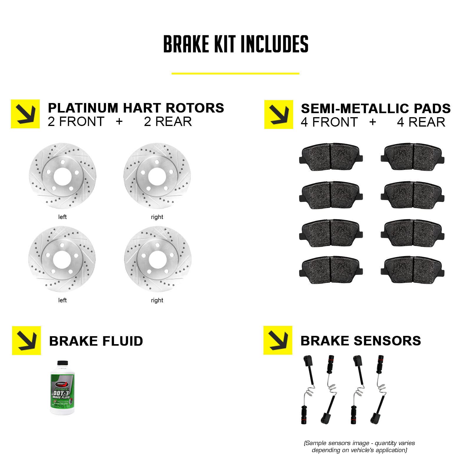 High-Performance Hart Front & Rear Brake Pads and Rotors Kit - Semi-Metallic Brake System with Sensor Wire (PHCC.40005.63) | Perfect for Sedans, SUVs & Trucks | Smooth Stopping Power for City Driving & Highway Safety