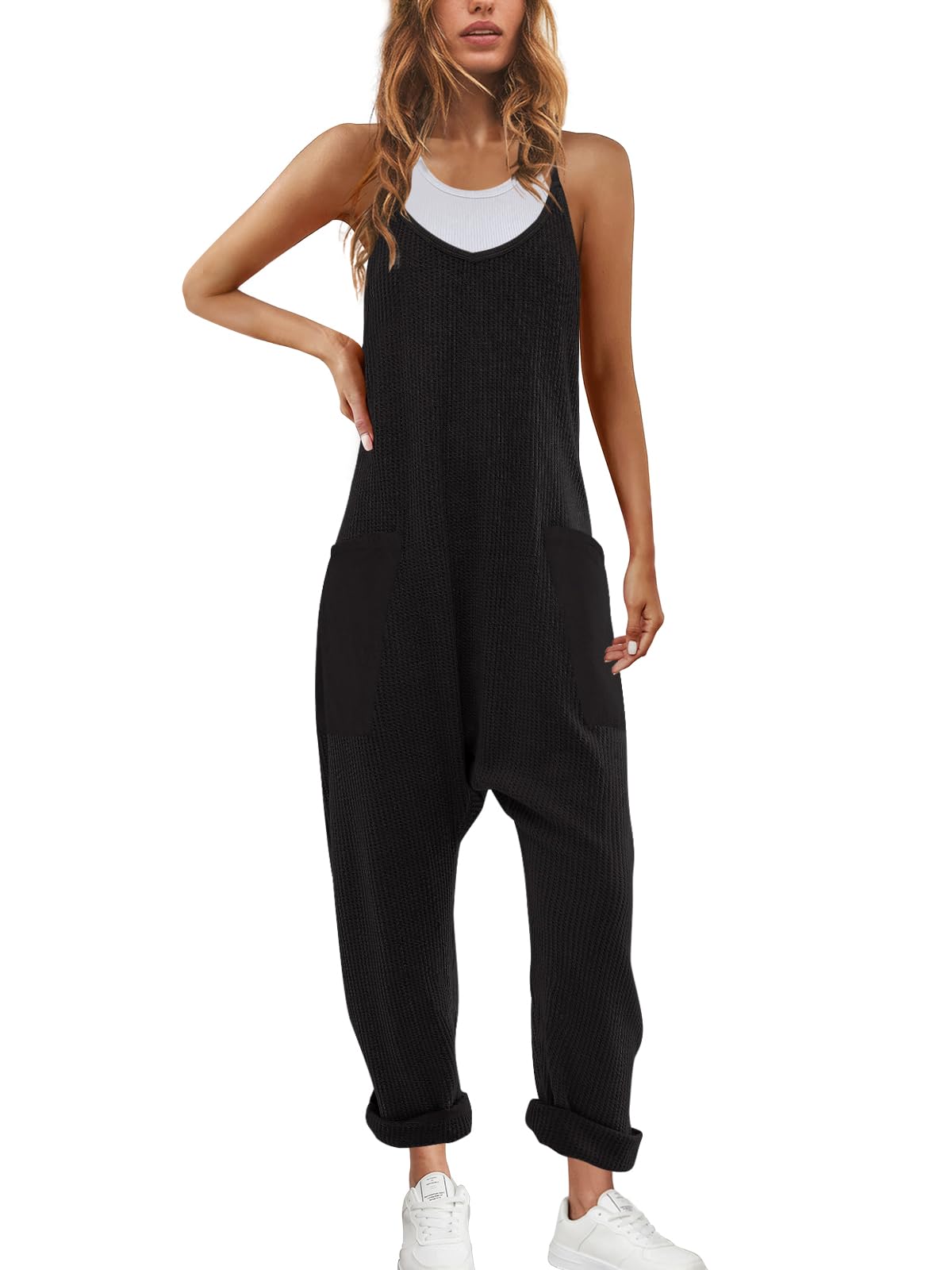 Nirovien Women's Waffle Knit Jumpsuit - Oversized Sleeveless One Piece Romper with Pockets | Casual Fall Outfit for Lounge, Travel & Streetwear Fashion