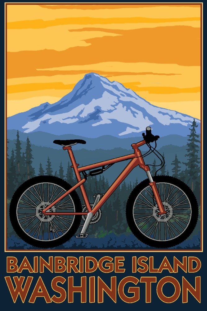 Bainbridge Island Washington Mountain Bike Scene 56083 - Signed 24x36 Art Print Poster | Wall Decor for Home, Office & Gifts | Cycling Enthusiast & Nature Lover Decor