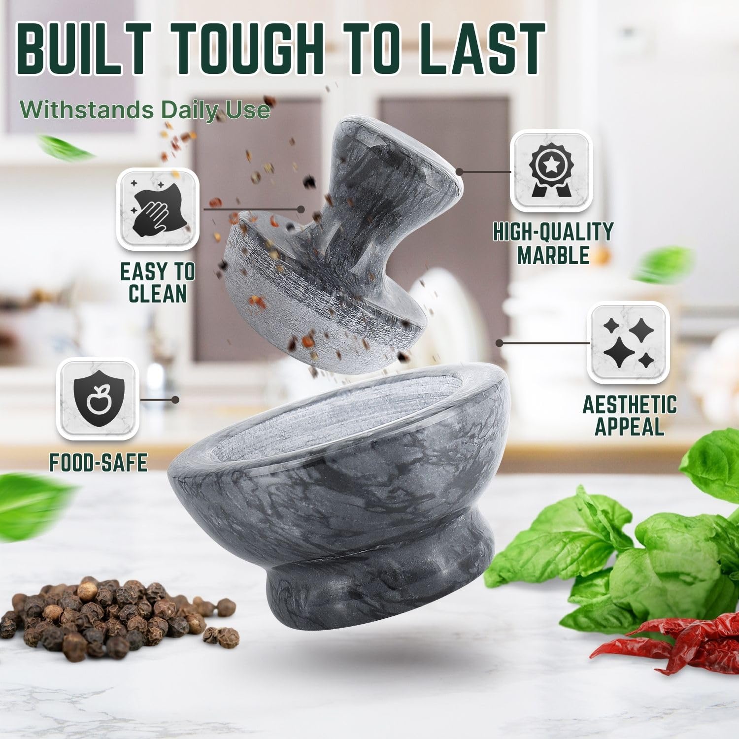 Premium 4-Inch Marble Mortar and Pestle Set - Black Stone Spice Grinder for Herbs, Pills & Seasonings - 1/2 Cup Capacity - Perfect for Kitchen, Apothecary & DIY Essential Oil Blending