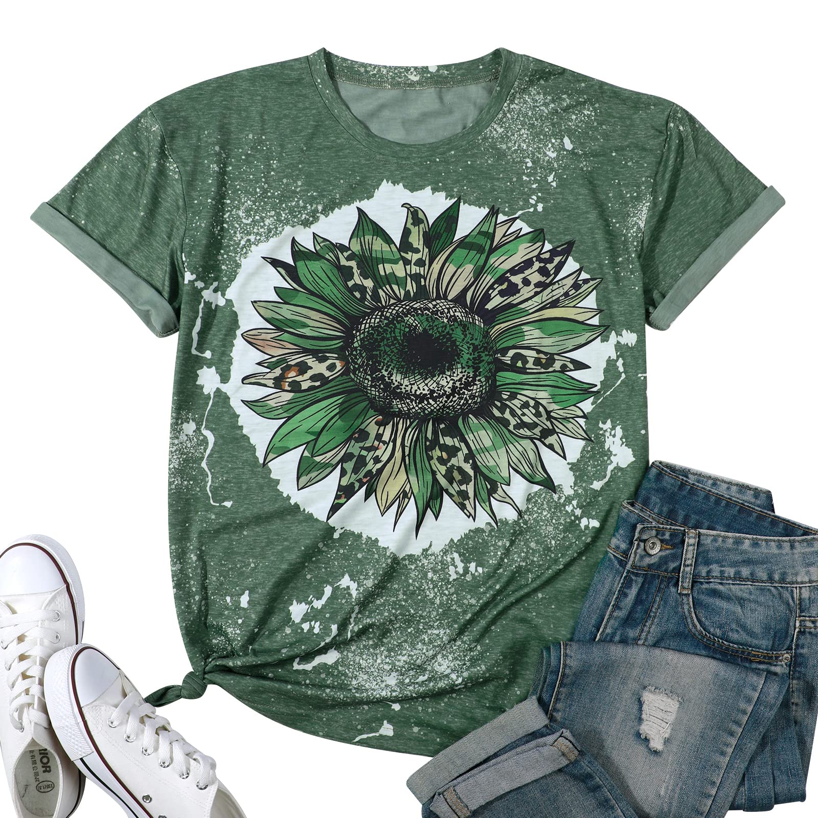 Sunflower Graphic T-Shirt for Women - Short Sleeve Summer Casual Tee Top - Perfect for Beach Outings, Picnics & Everyday Wear