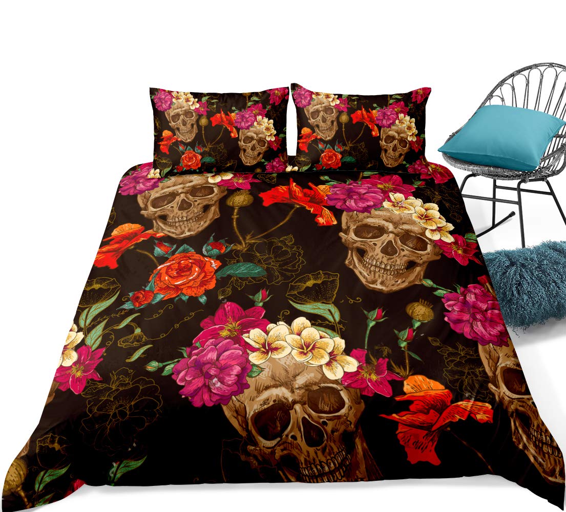 Sugar Skull Duvet Cover Set Twin Size - Skeleton & Floral Print Microfiber Bedding with 2 Pillowcases - Gothic Decor for Teen & Adult Bedrooms - Halloween, Day of The Dead, Boho Chic Home Decor