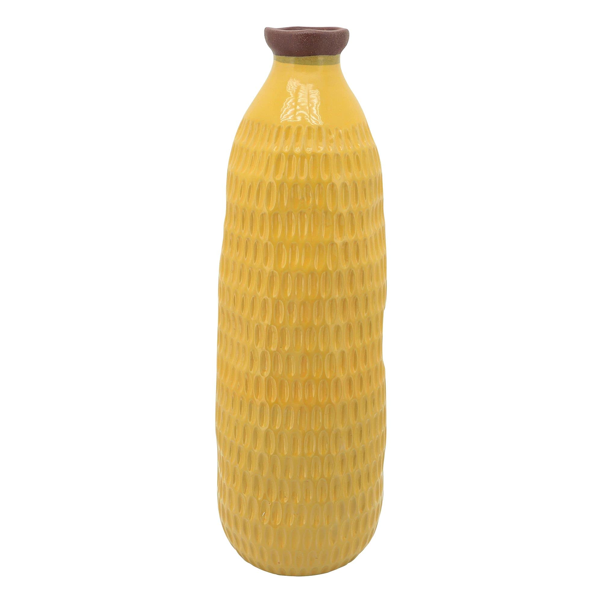 Kingston Living 24-Inch Yellow and Brown Dimpled Ceramic Vase - Elegant Home Decor for Living Room, Dining Table, or Office Centerpiece