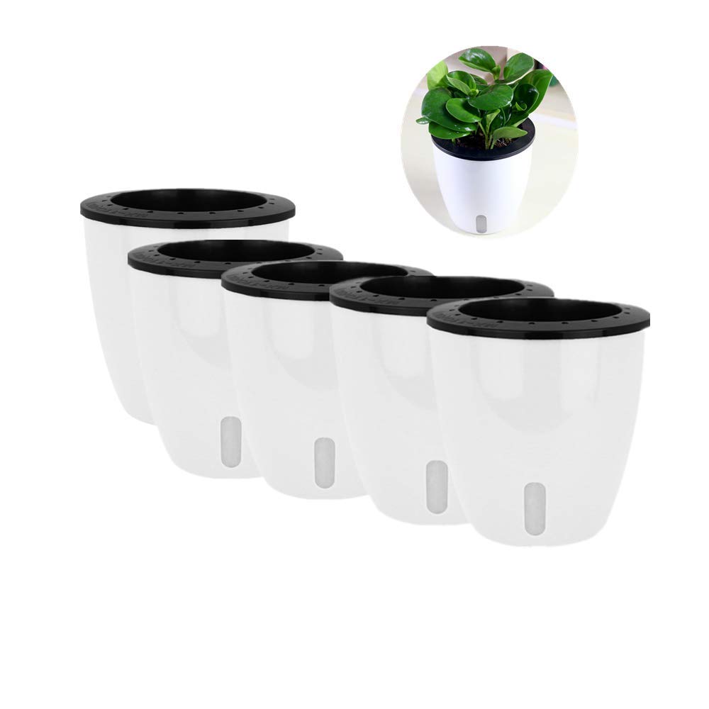 5 Pack Self Watering Flower Pots with Visible Water Level - Indoor/Outdoor Planters for Seedlings, Nursery, Balcony & Window Gardens - White Lazy Plant Pots for Easy Root Care & Watering (Perfect for Home Decor, Office Plants & Gardening Gifts)