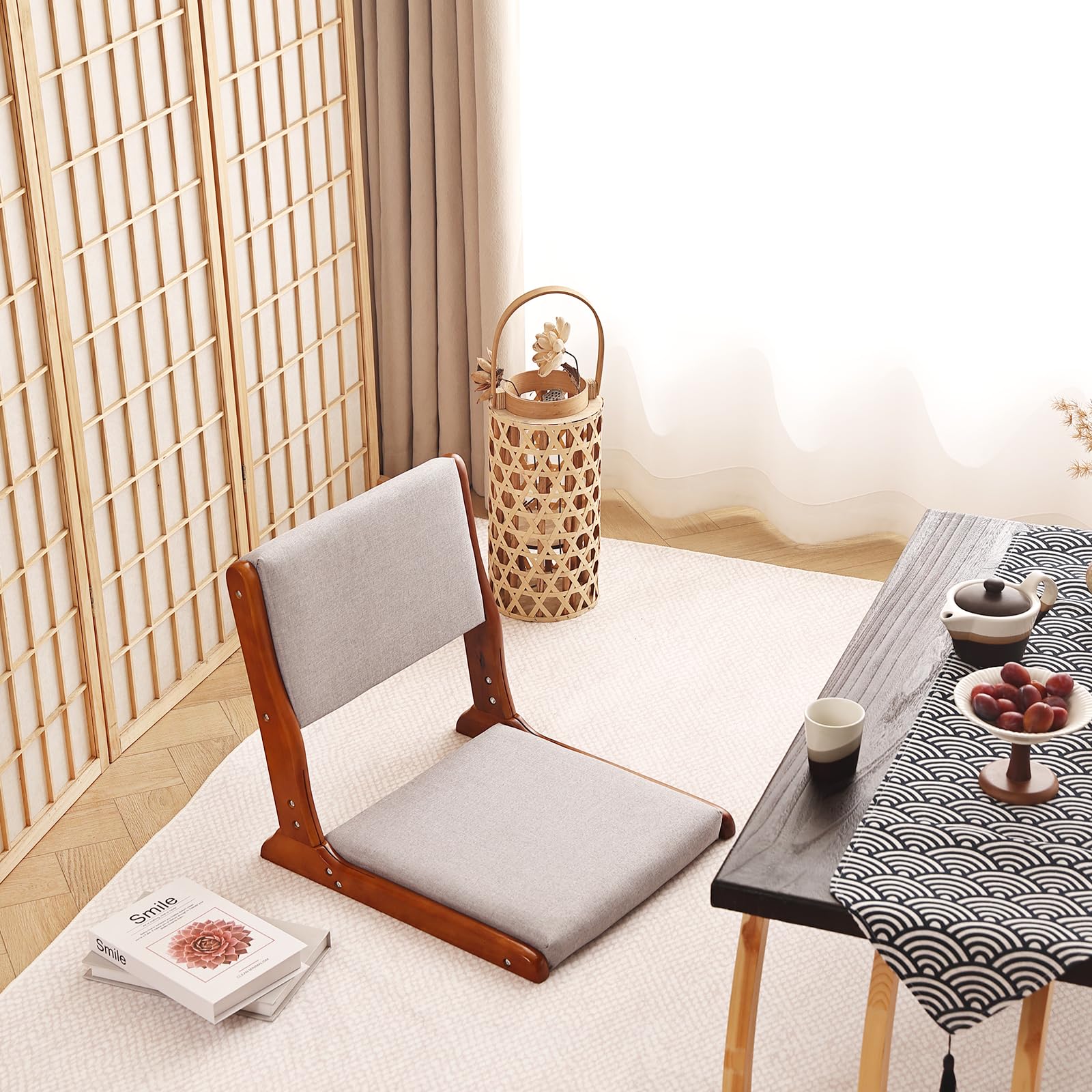 Foldable Tatami Floor Chair - Japanese Style Wooden Legless Backrest with Cushion - Meditation & Accent Seating for Bay Window, Living Room & Zen Decor - Walnut Grey