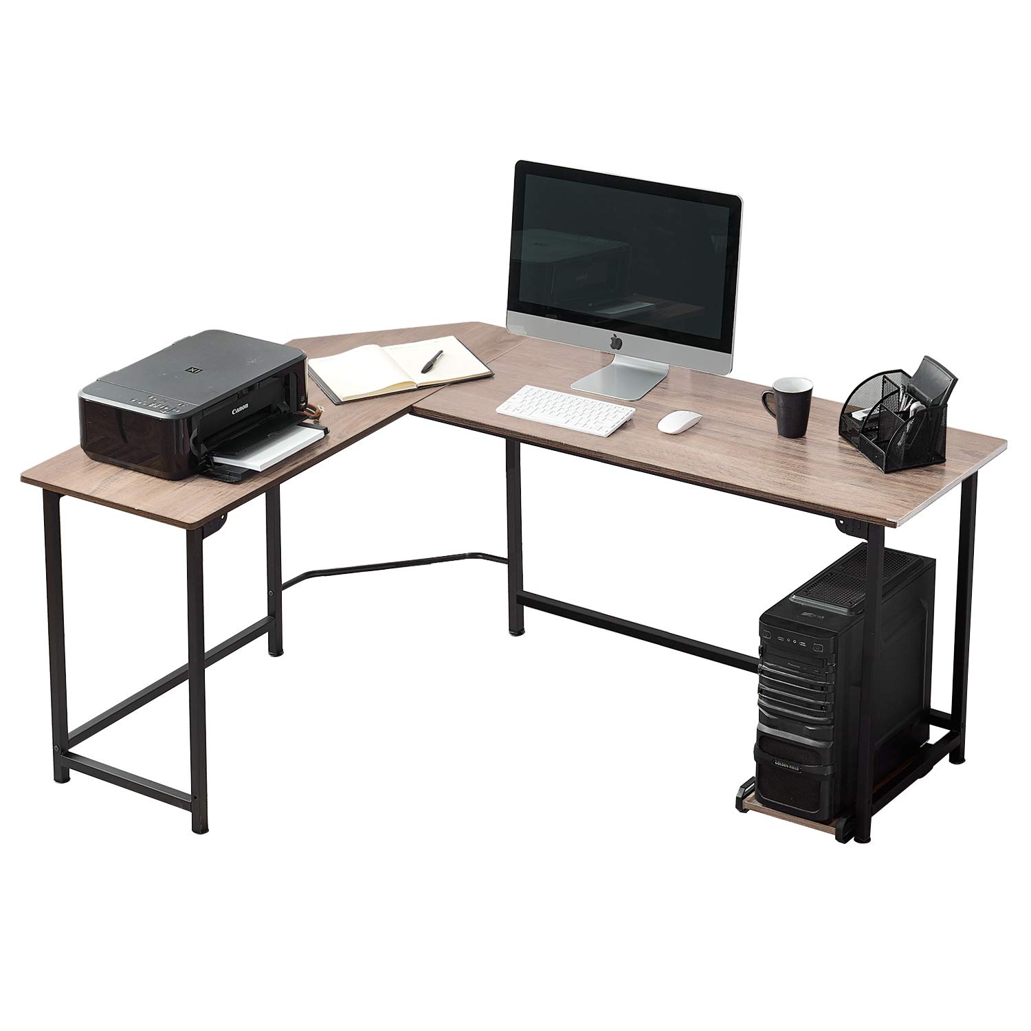 VECELO Modern L-Shaped Corner Computer Desk with CPU Stand - Home Office Workstation for PC & Laptop, Study Writing Table - Metal Frame with Rubber Wood Top & Black Legs - Perfect for Small Spaces & Gaming Setups