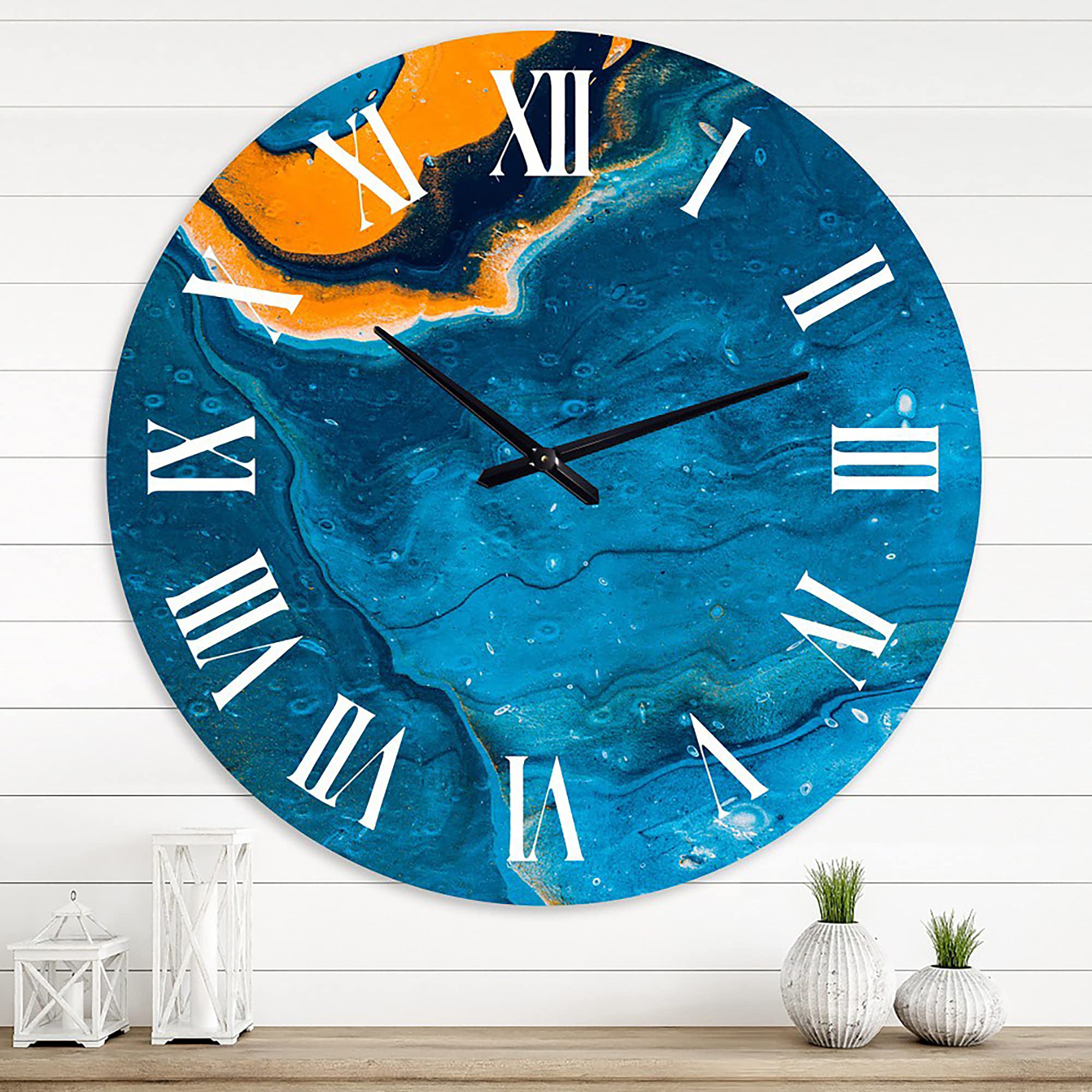 Abstract Marble Wall Clock - Modern Blue & Orange Large Fractal Design for Bedroom Decor | Silent Non-Ticking Living Room & Office Wall Art