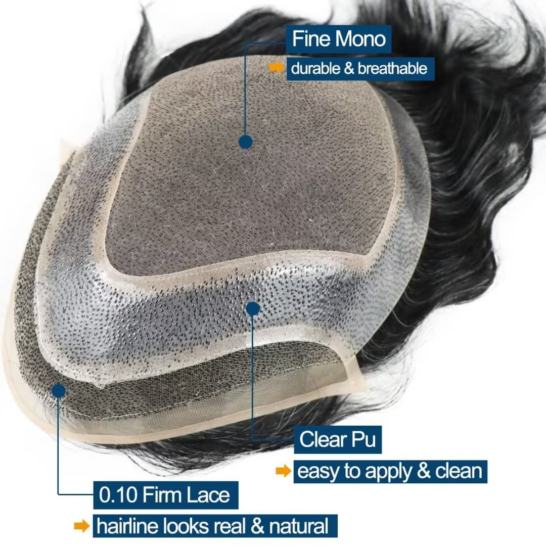 Premium Human Hair Toupee for Men - Mono Lace & Thin Skin Hair System - 80% 1B Black with 20% Gray - Natural Looking Hair Replacement for Thinning Hair - Perfect for Daily Wear, Work, and Special Occasions