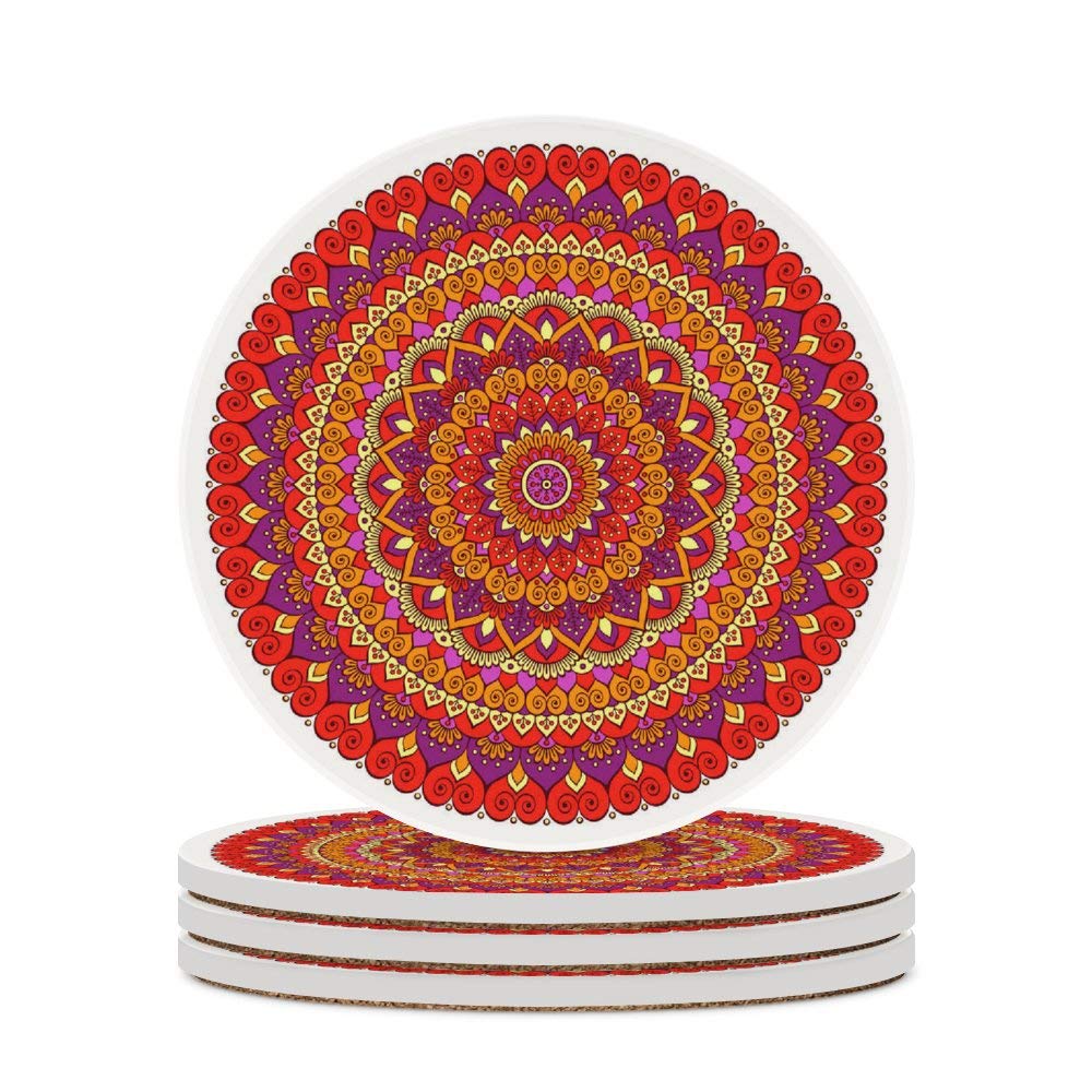 Absorbent Ceramic Coasters with Mandala Flower Pattern - Round Cork Base for Coffee & Glass Cups - Set of 1 - Perfect for Bar, Farmhouse & Home Decor - Protect Tables from Drink Stains