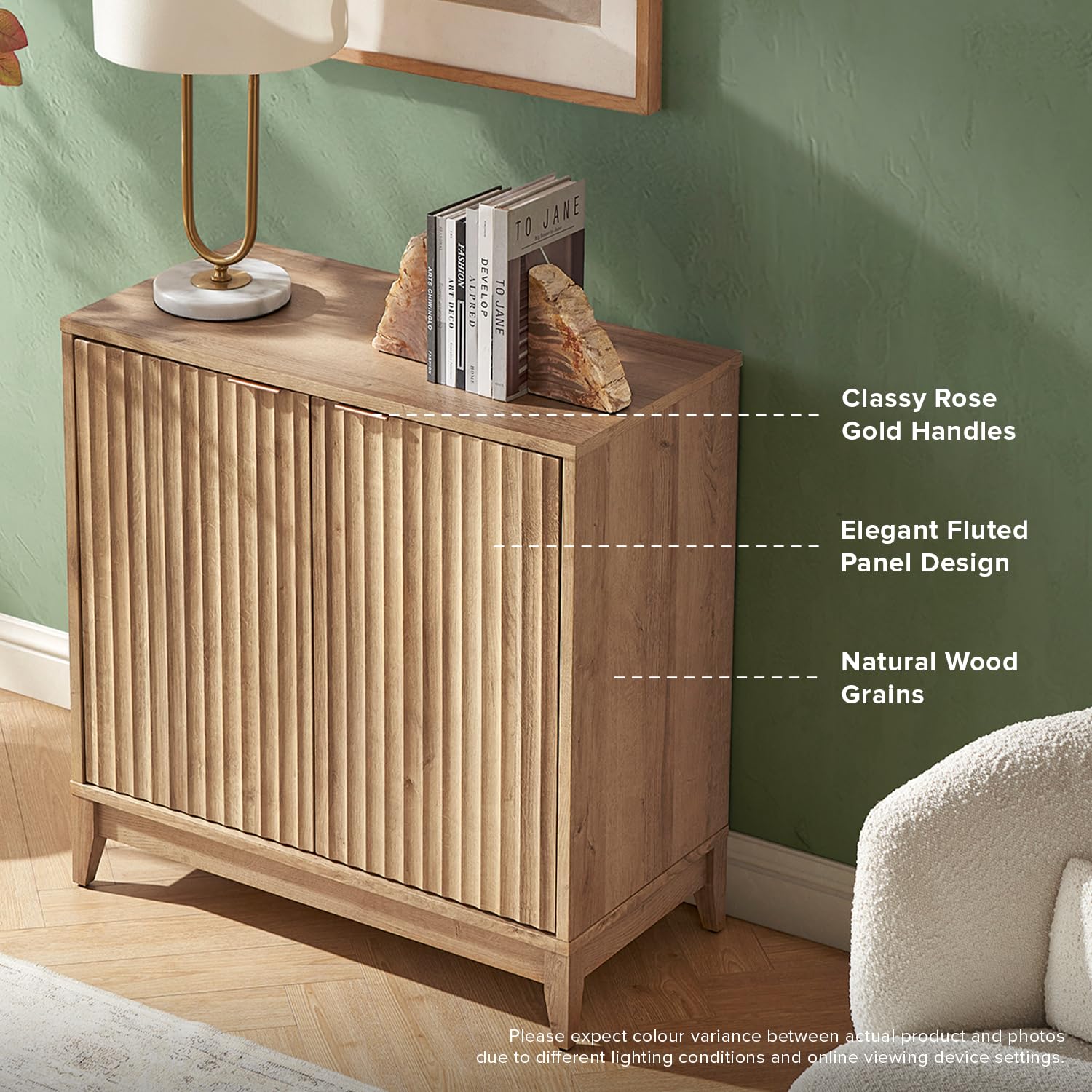 Mopio Brooklyn Storage Cabinet - Modern Farmhouse Entryway Accent Cabinet with Fluted Panel Doors & Shelf, Wooden Buffet Sideboard, Console Table & Credenza for Living Room, Dining Room & Bedroom Organization (Oak, Single)