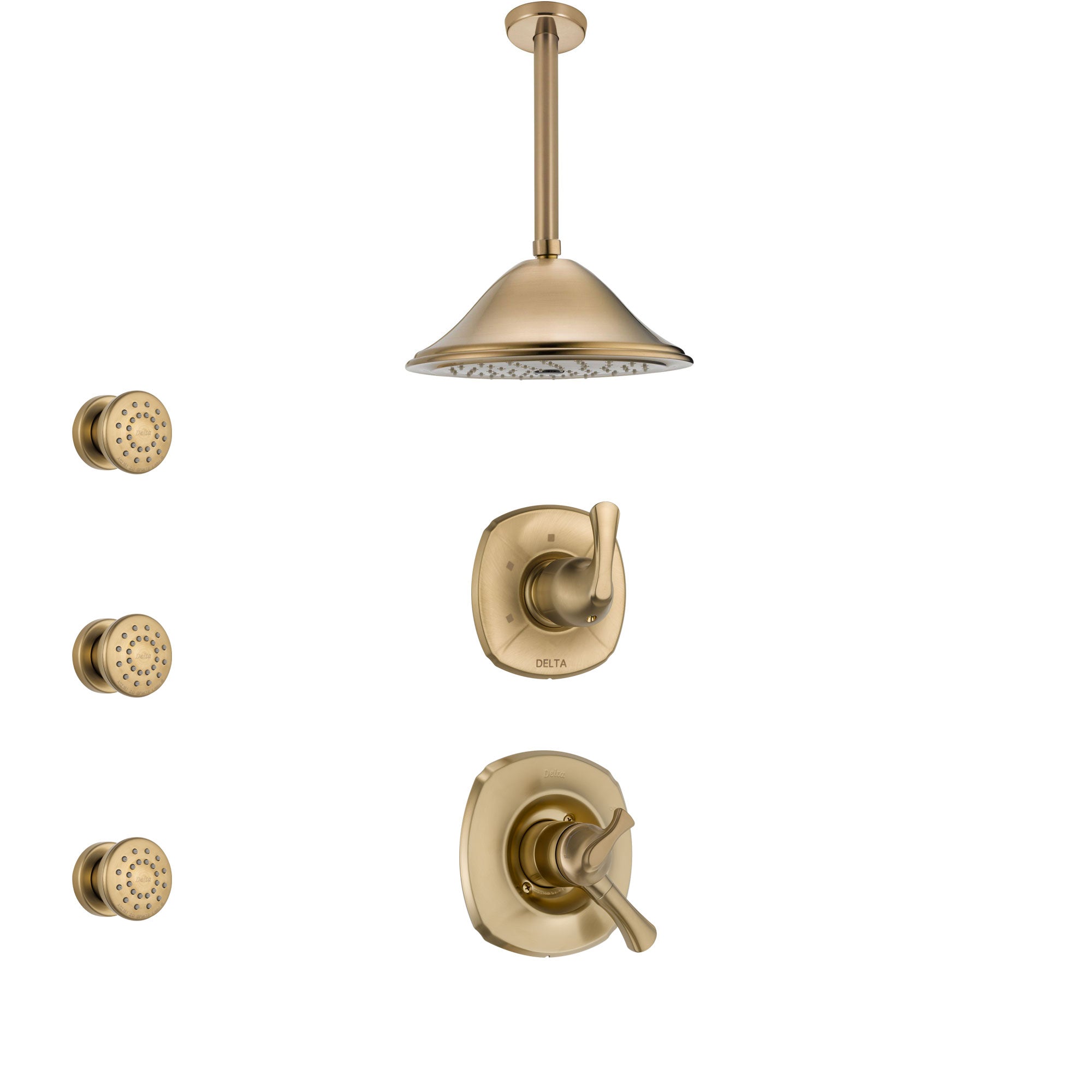 Delta Addison Champagne Bronze Shower System - Dual Control Handle, 3-Setting Diverter, Ceiling Mount Showerhead & 3 Body Sprays SS1792CZ2 | Luxury Bathroom Upgrade for Spa-Like Experience