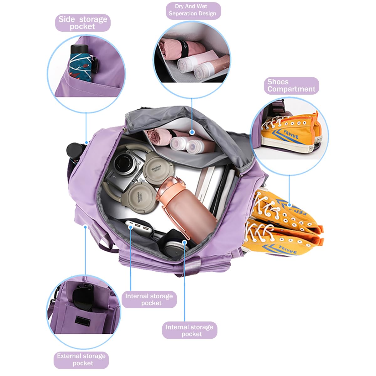 HYCOPROT Foldable Waterproof Gym Bag for Men & Women - Large Capacity Sports Duffel Bag with Shoe Compartment - Ideal for Gym, Travel, Workout & Weekend Trips - Purple