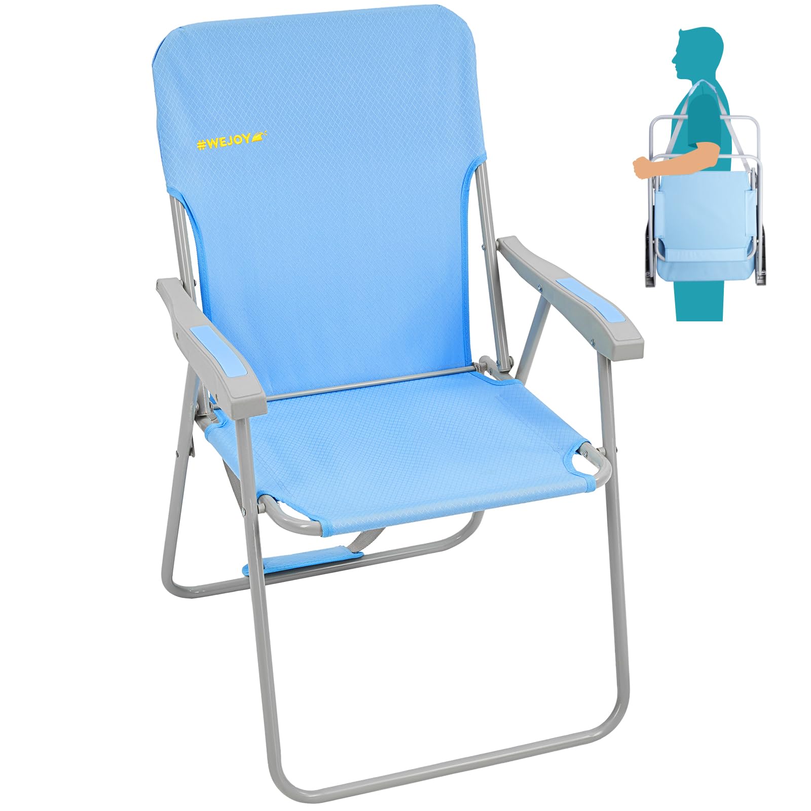 WEJOY High Back Outdoor Folding Chair with Hard Arms & Shoulder Strap - Heavy Duty 300 lbs Capacity for Camping, Beach, Concerts & Festivals - Portable Lawn Chair with Storage Pocket for Adults
