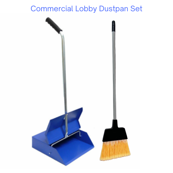 Stainless Steel Upright Lobby Dustpan with Broom - Heavy Duty Commercial Cleaning Tool for Office, Hotel, and Restaurant Floors