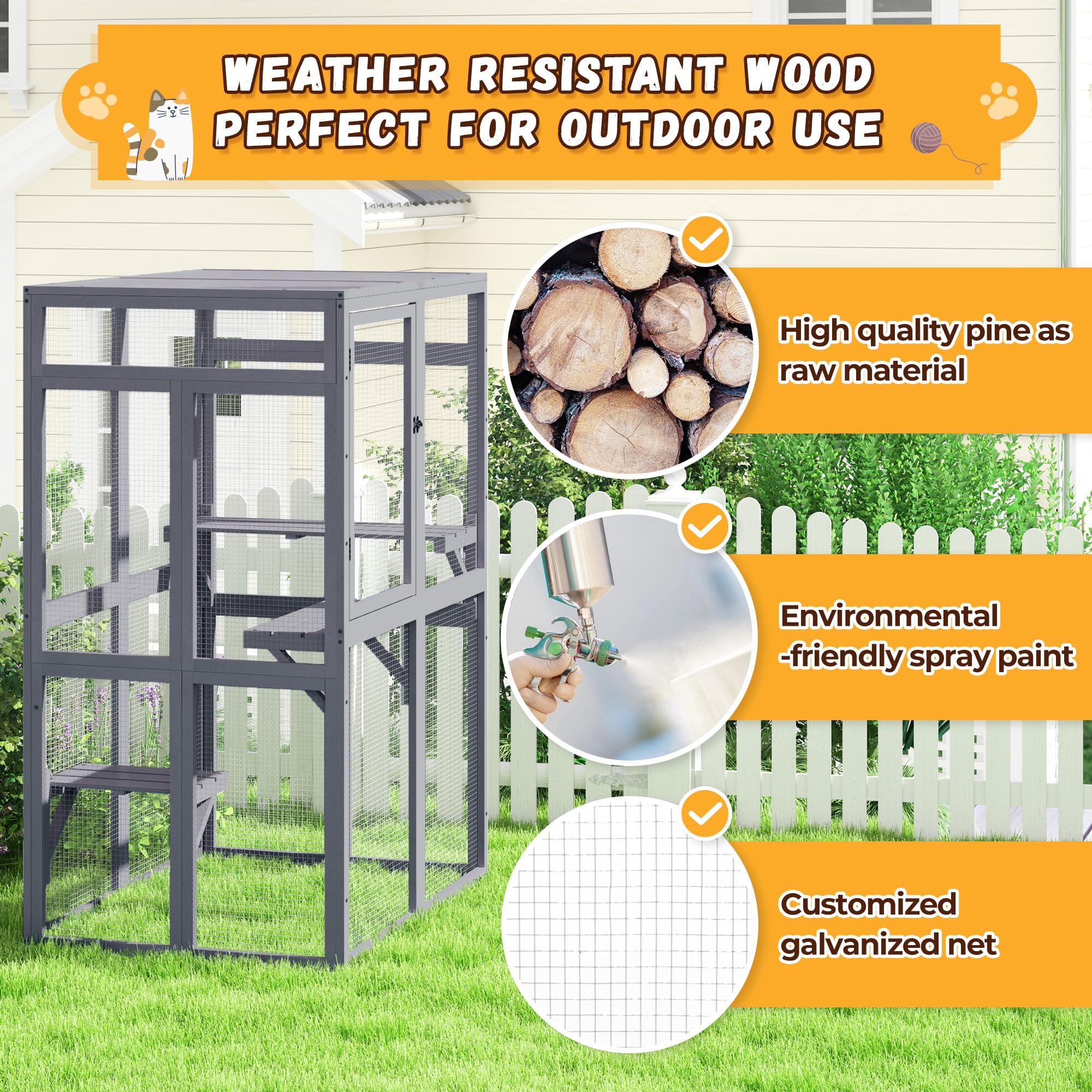 Outdoor Wooden Cat Enclosure - Grey Catio with Window Access for Patio & Indoor Kitty House | Perfect for Backyard, Balcony & Home Use