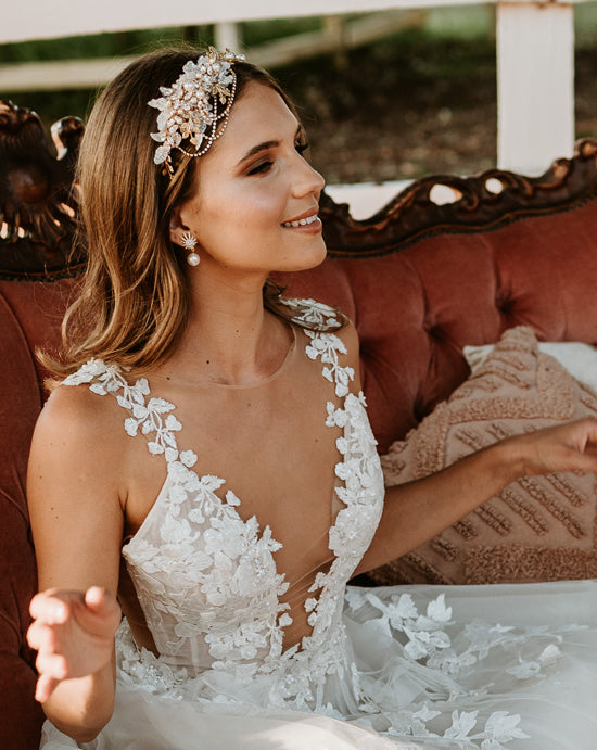 Elegant Gold Leaf and Lace Bridal Headpiece - Amelia Designer Headband by Kezani | Perfect for Weddings, Bridal Showers & Formal Events