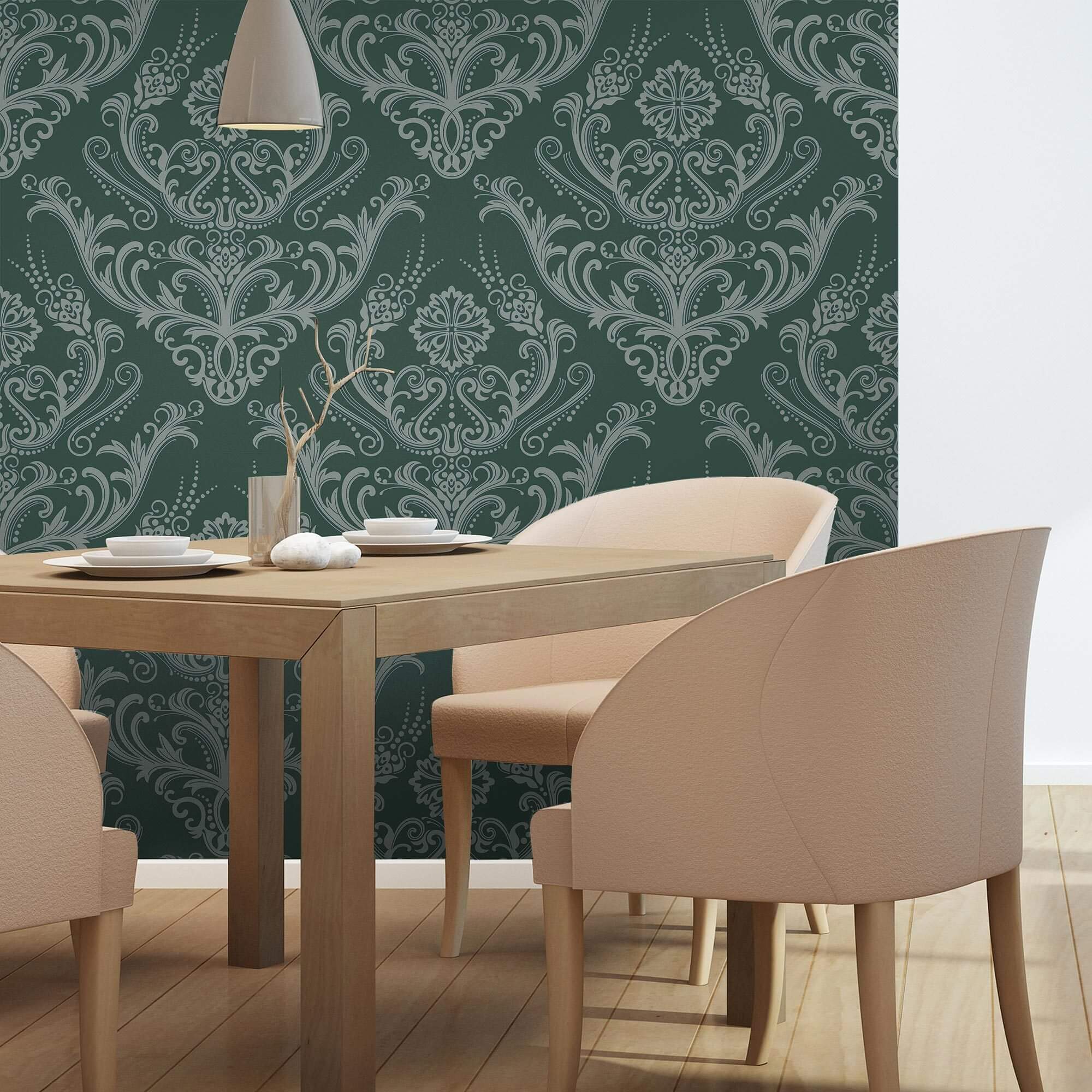 Green Damask Peel and Stick Removable Wallpaper - Self-Adhesive Decorative Wall Covering for Bedroom, Living Room & Home Office Decor