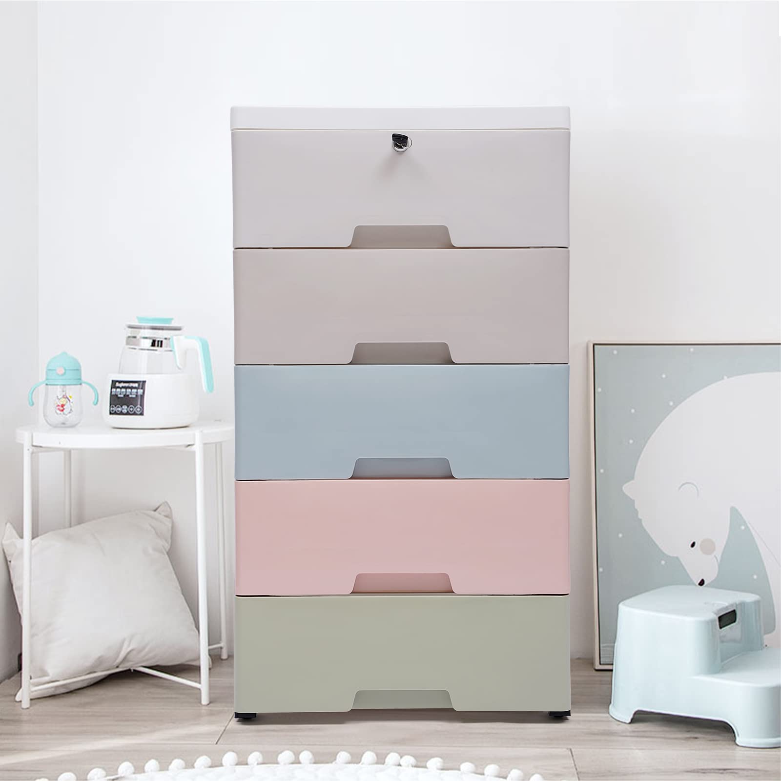 5-Drawer Stackable Plastic Storage Dresser with Wheels - 17.72 x 11.81 x 33.07 Inch Vertical Organizer Cabinet for Kids Clothes, Baby Nursery & Bedroom Furniture - Perfect for Small Space Organization & Toy Storage