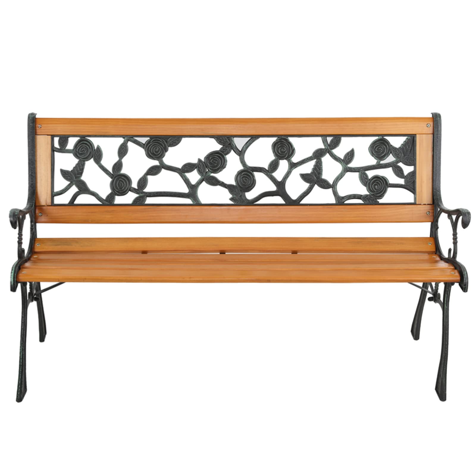 Keseno 49-inch Solid Hardwood Garden Bench with Cast Iron Frame - Rustic Rose Design Outdoor Seating for Patio, Porch, Deck, Backyard & Garden - Perfect for Relaxing, Entertaining & Outdoor Decor