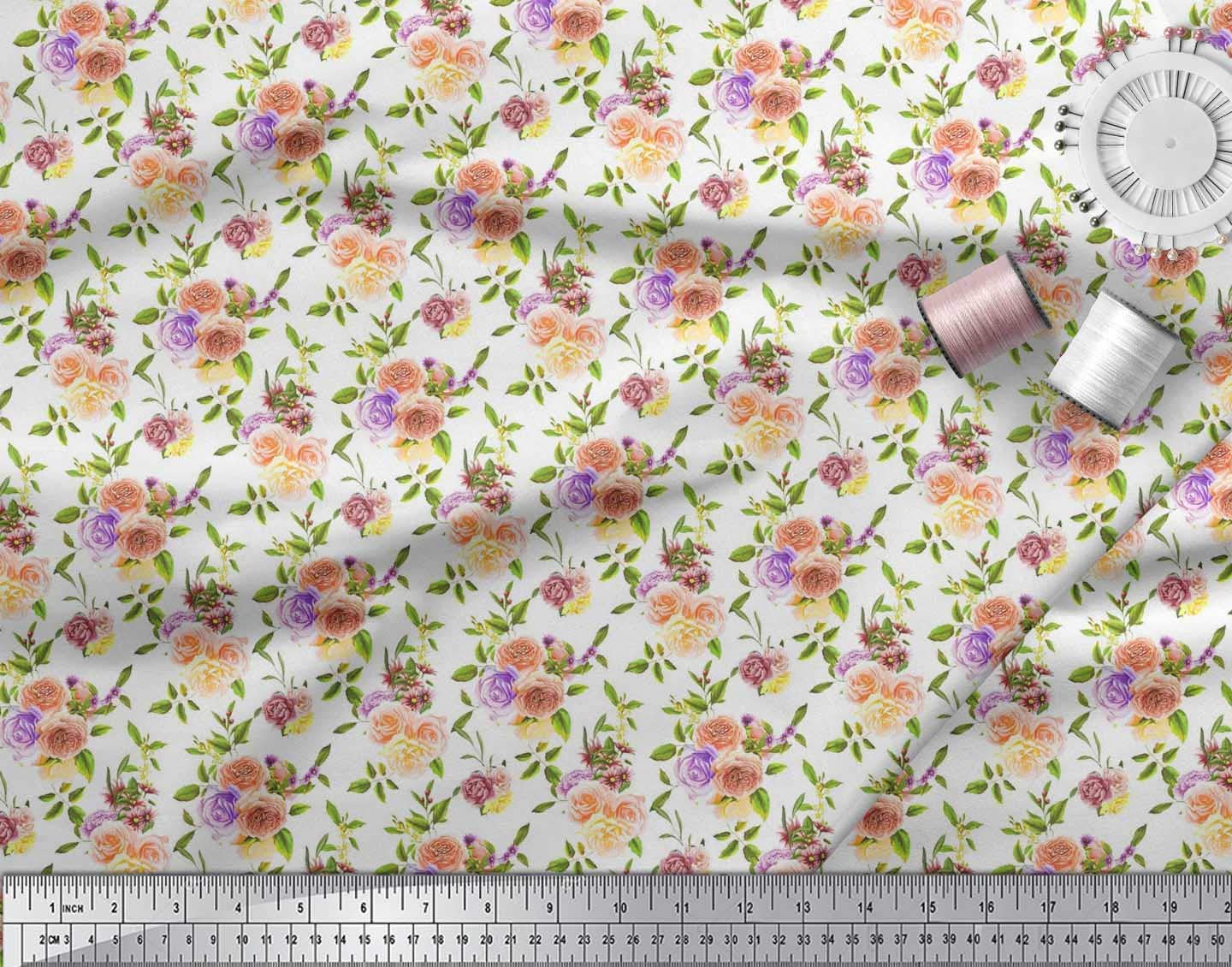 Soimoi 100% Cotton Poplin Fabric by The Yard - 42 Inch Wide Green Printed Fabric with Rose, Leaves & Denmark Flower Pattern - Perfect for Dresses, Curtains, Quilting & DIY Craft Projects