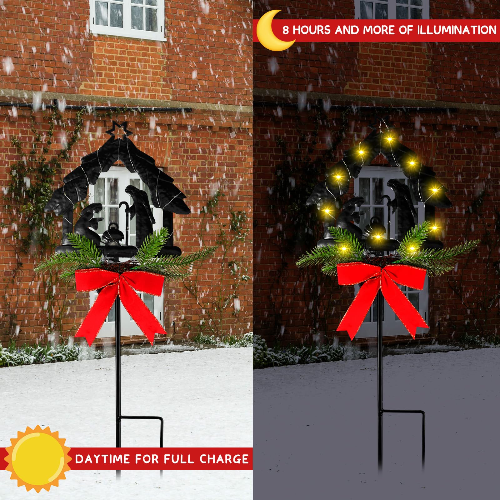 2 Pack Christmas Solar Stake Lights - Nativity Scene LED Outdoor Decor with Poinsettia Flowers, Waterproof Metal Yard Stakes for Garden, Lawn & Pathway (Perfect for Holiday Family Gatherings & Nighttime Display)
