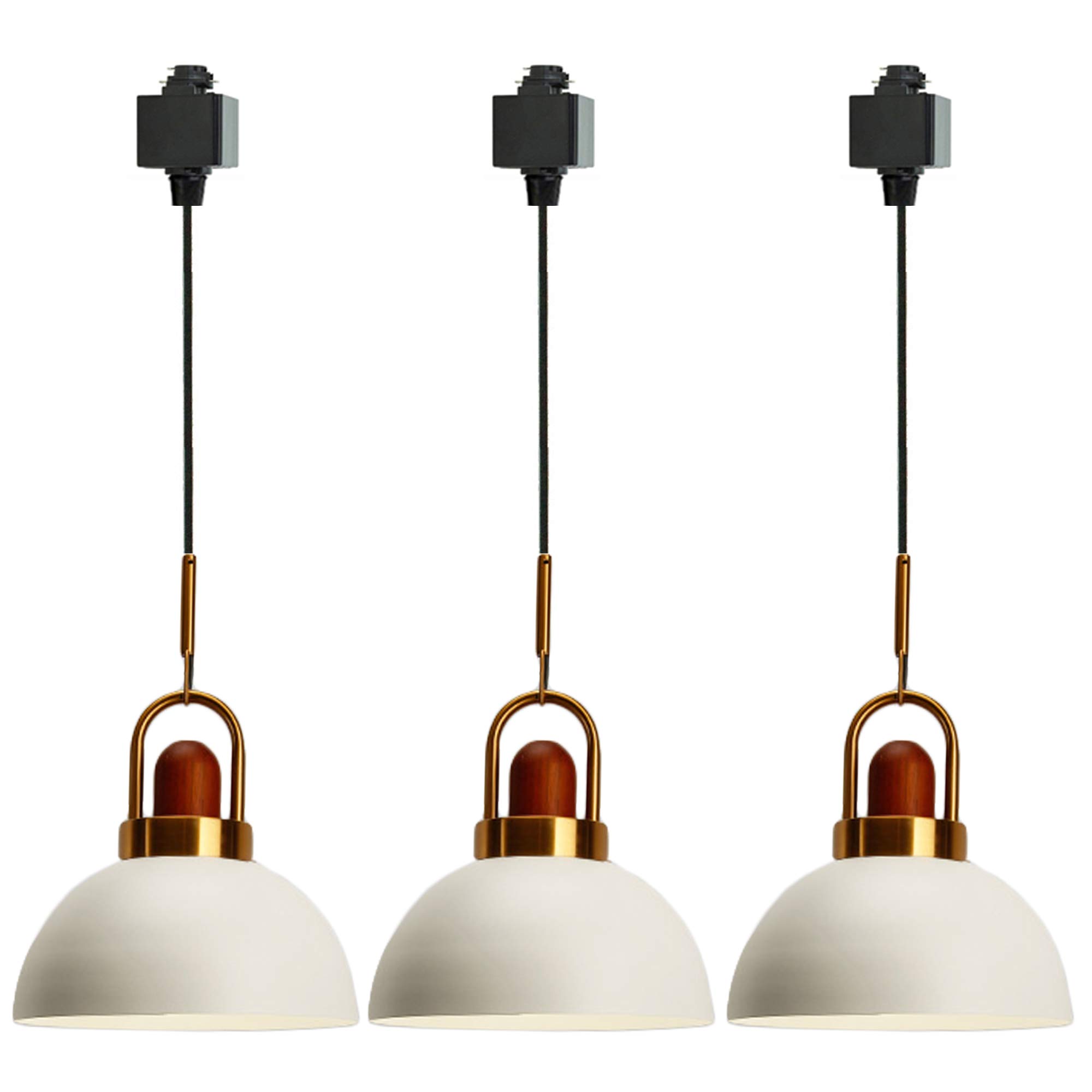 Vintage Wooden Iron Brass Handle E26 Socket Pendant Light - H-Type Track Lighting with 2 ft Cord, Semicircle Macaron White Design - Customizable 3-Light Kitchen Pendant Set for Dining Room, Island & Bar Decor