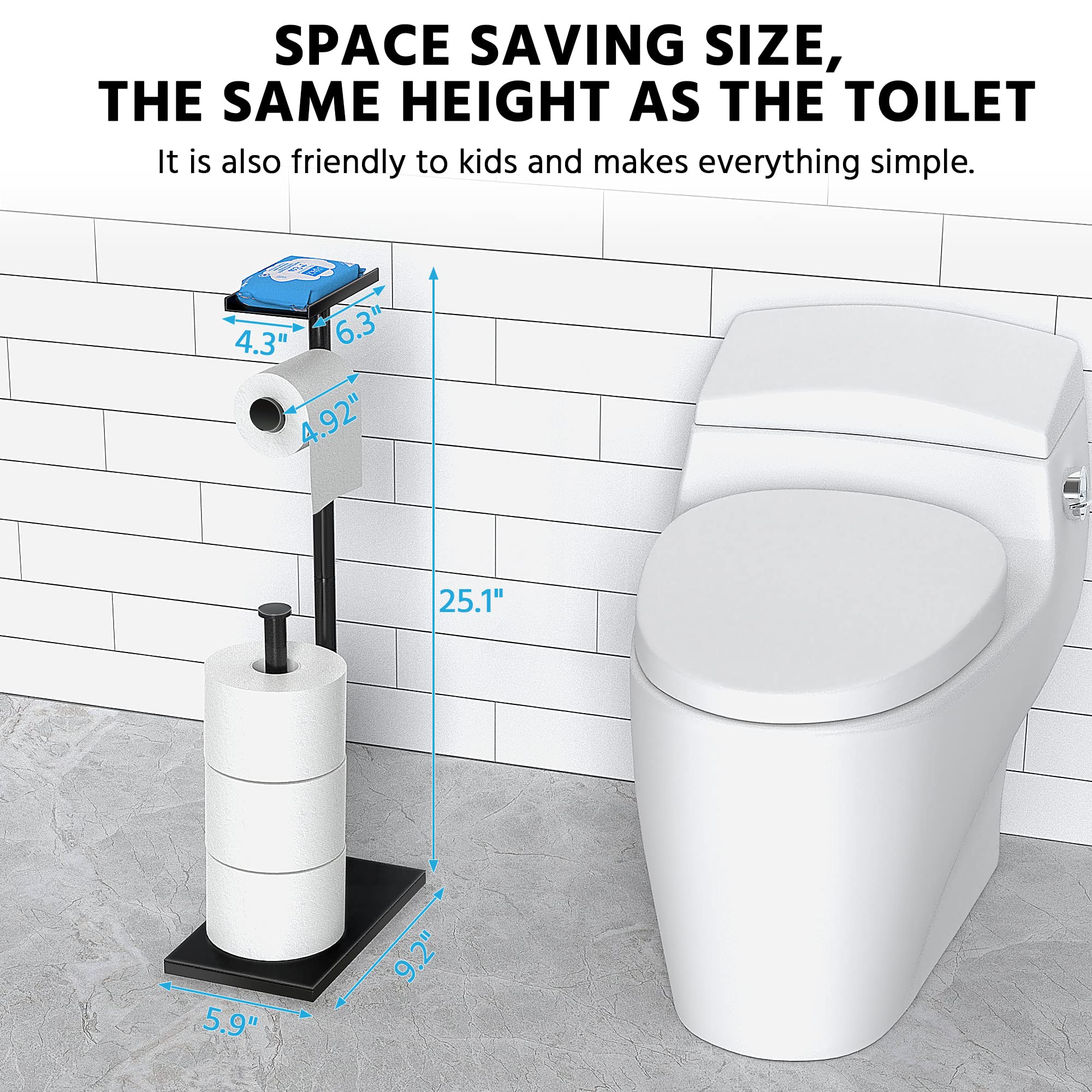 CISILY Black Free Standing Toilet Paper Holder with Phone Shelf - Bathroom Tissue Roll Storage Stand for RV, Apartment, Restroom - Modern Home Decor & Essential Accessories - Perfect for Small Spaces, Guest Bathrooms, and Mobile Living