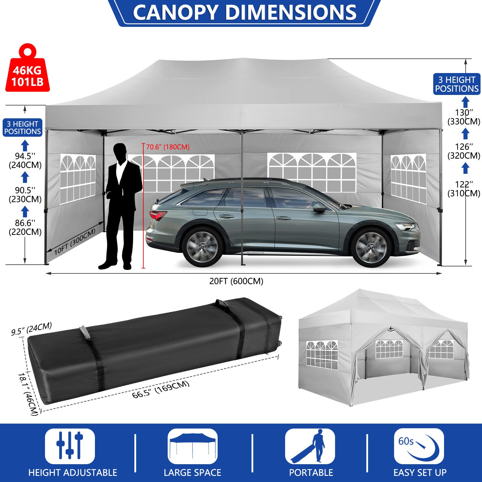 COBIZI 10x20 Heavy Duty Pop Up Canopy Tent - UPF 50+ Waterproof Gazebo with 6 Sidewalls & Roller Bag - All Weather Commercial Outdoor Tent for Weddings, Parties, Camping & Backyard Events (White)