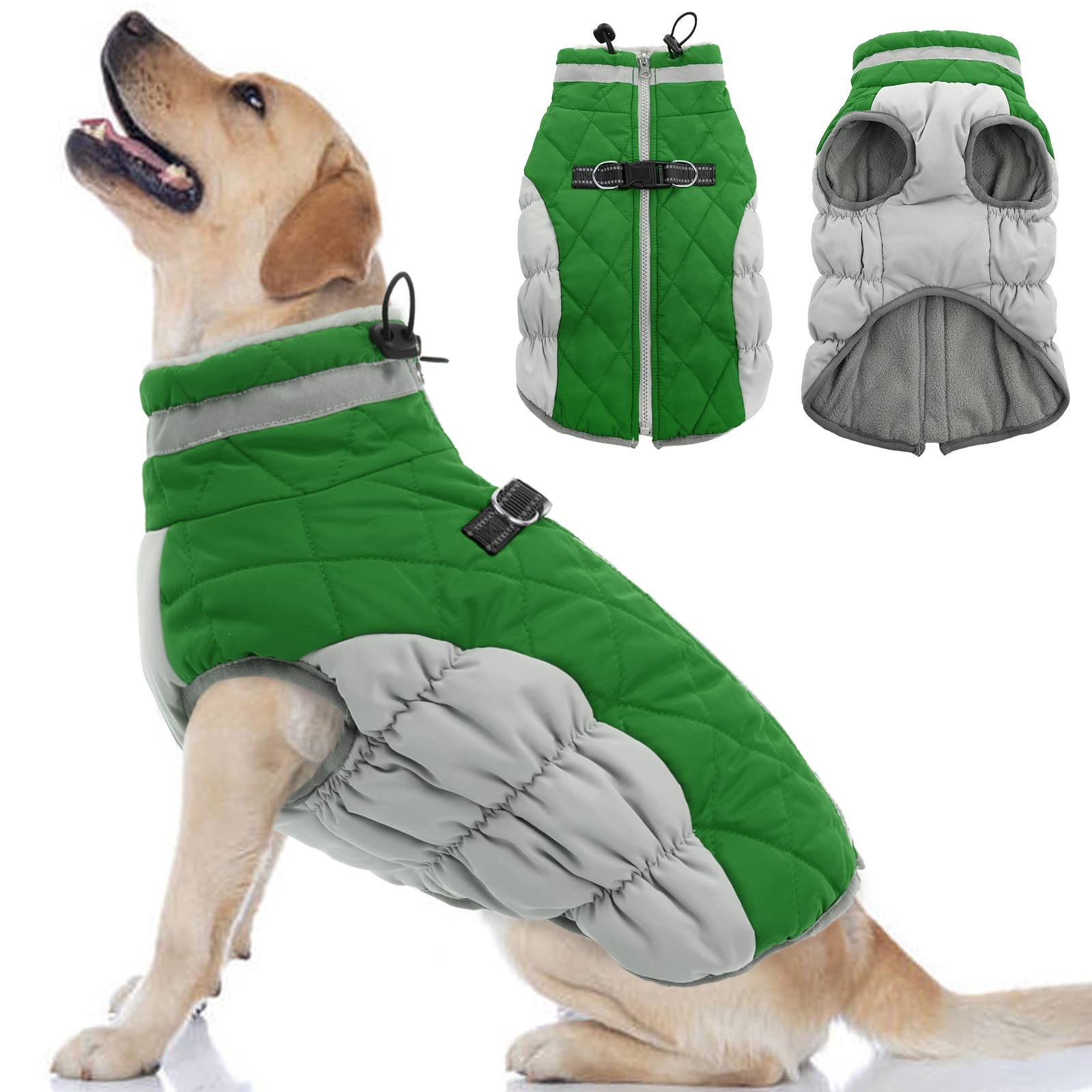 **Waterproof & Windproof Dog Winter Coat with Built-in Harness - Reflective Snowsuit for Large Dogs (Green, 2XL) - Ideal for Cold Weather, Outdoor Adventures & Nighttime Walks**