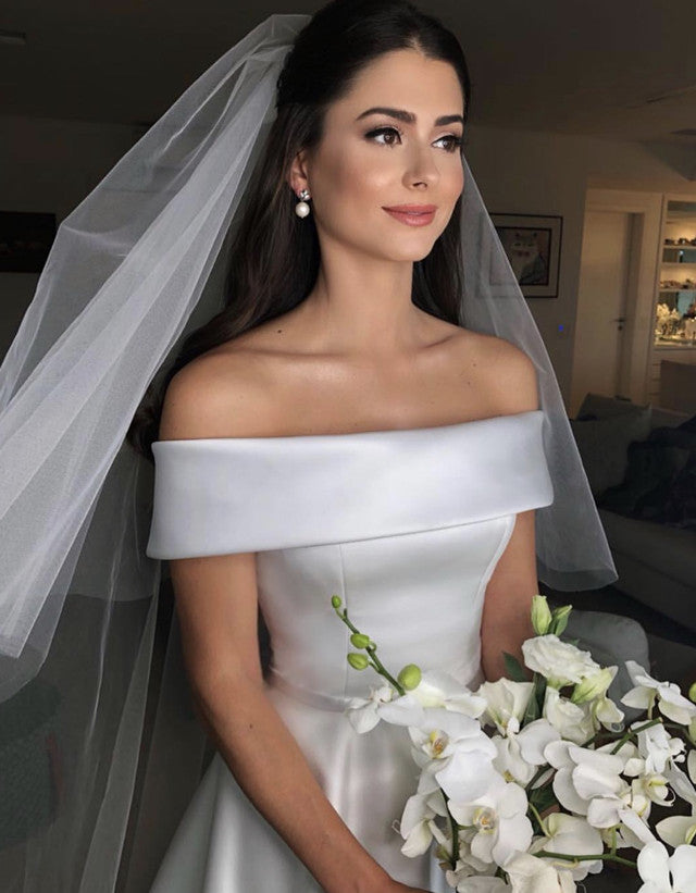 Elegant A-Line Off-The-Shoulder Satin Wedding Dress - 2019 Bridal Gown for Beach, Church & Outdoor Ceremonies