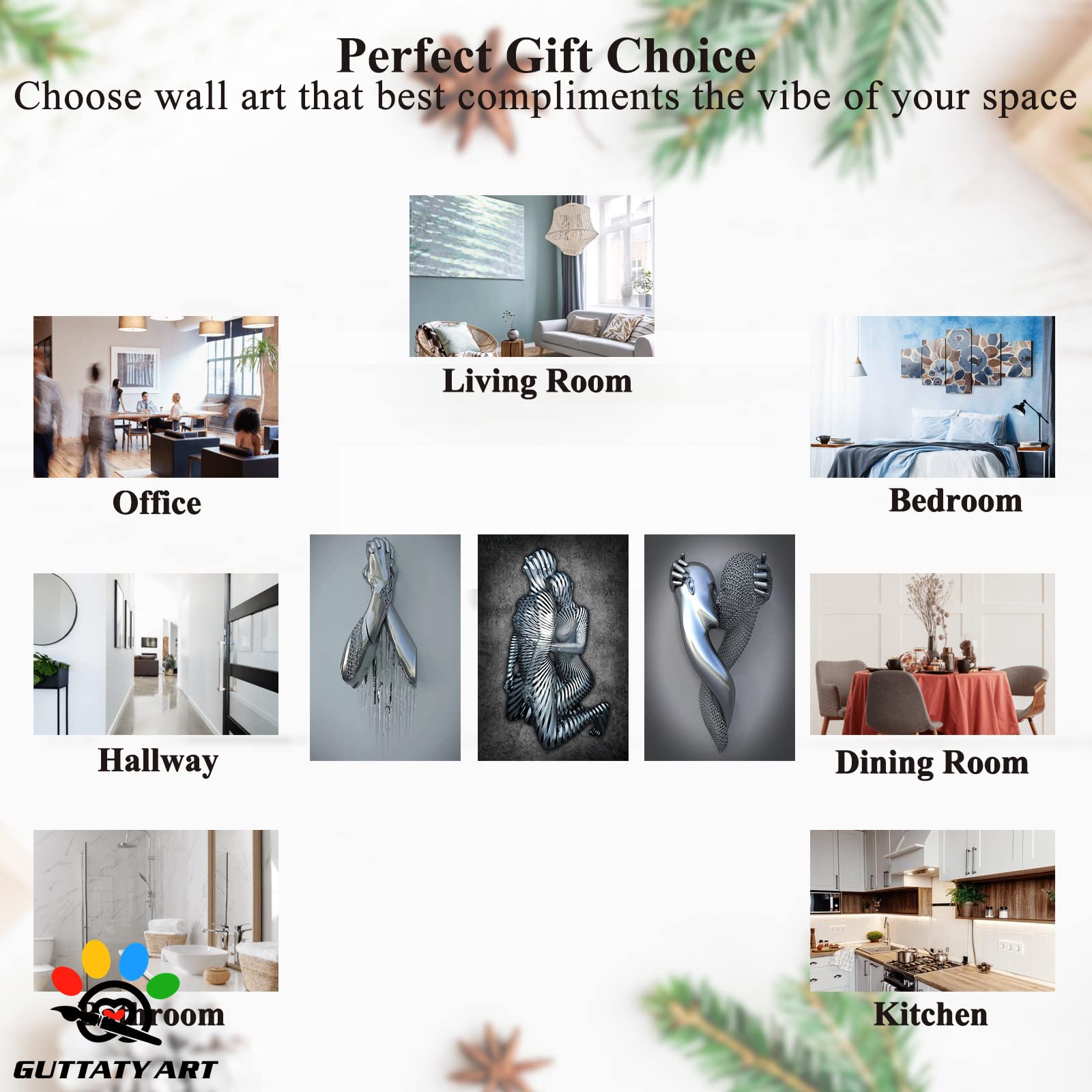 3D Metal Effect Wall Art - Love Heart Gray & Gold Silver Modern Wall Decor for Living Room, Bedroom | Valentine's Day Romantic Gift for Couples | 24
