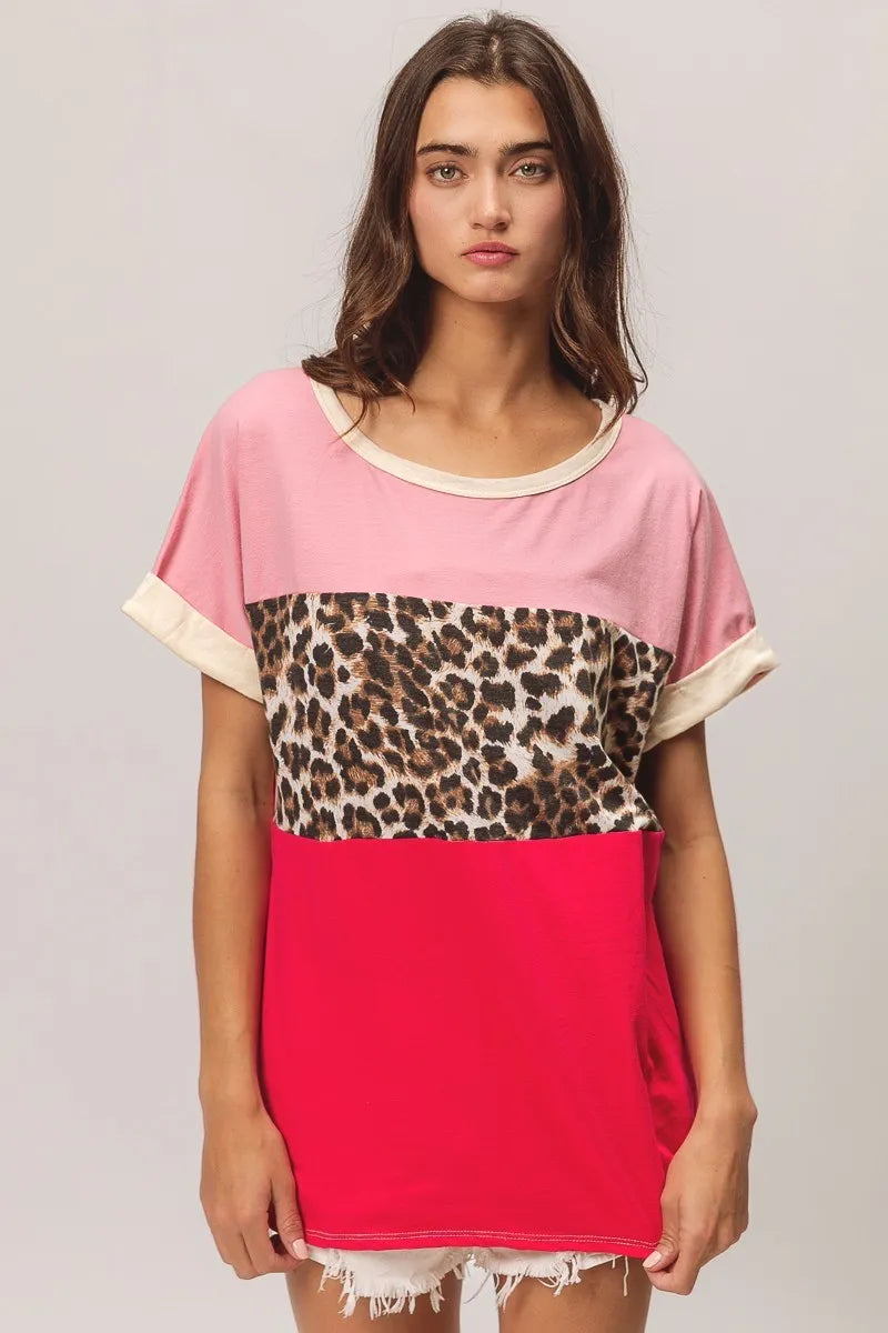 BiBi Leopard Print Jersey Color Block Roll Up - Stylish & Comfortable Women's T-Shirt for Casual Wear, Outfits & Daily Fashion