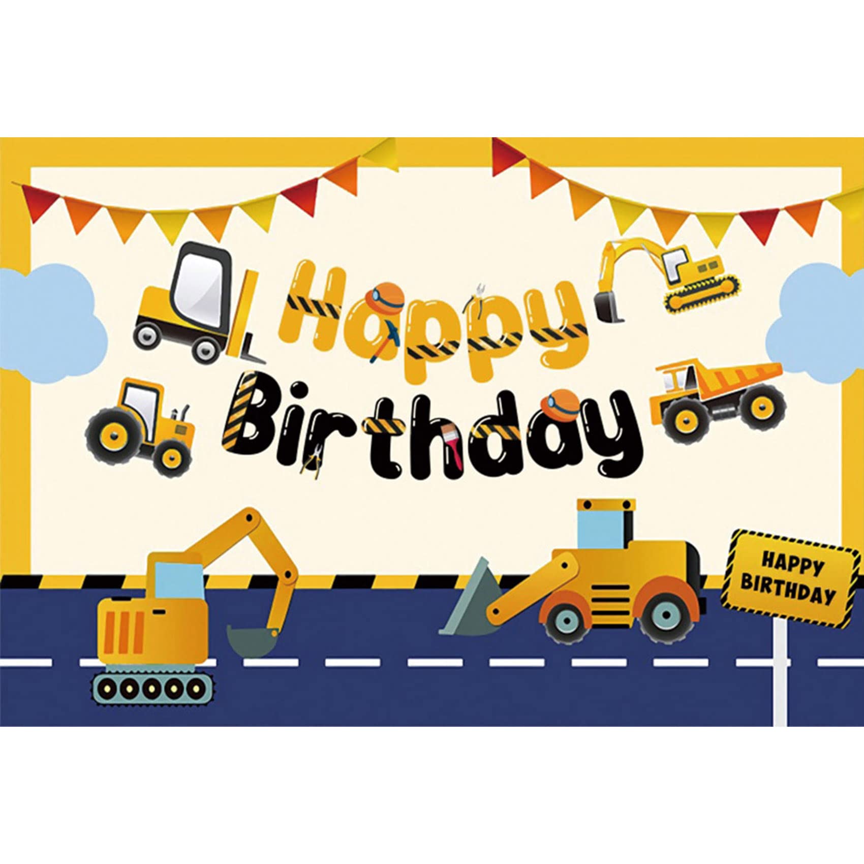 YongFoto 7x5ft Construction Theme Birthday Backdrop - Cartoon Dump Truck & Excavator Design for Boys Birthday Party Decor, Photography Background, Cake Table Banner - Perfect for Construction-Themed Parties, Baby Showers & 1st Birthday Celebrations