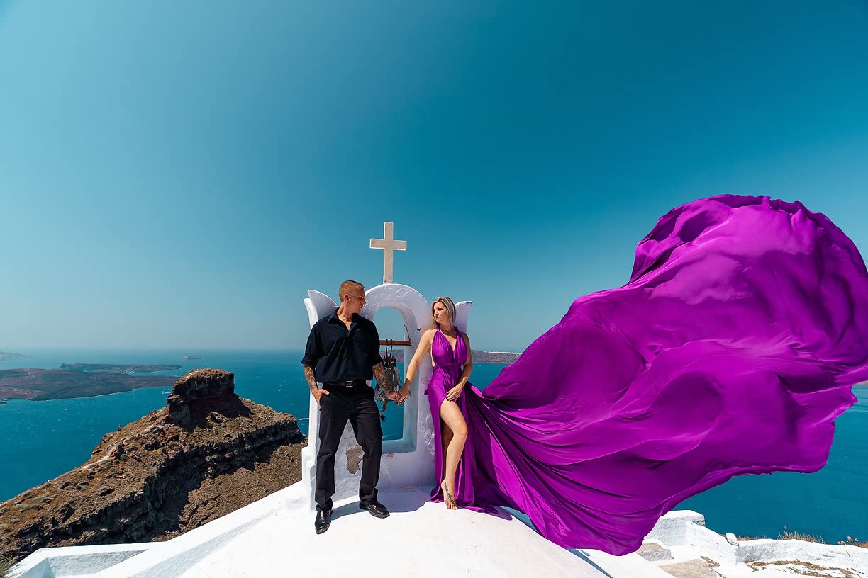 Elegant Long Flying Dress for Photoshoot - Flowy Satin Gown with Train | Santorini Flying Dress for Beach Wedding, Maternity Shoot & Vacation Photography