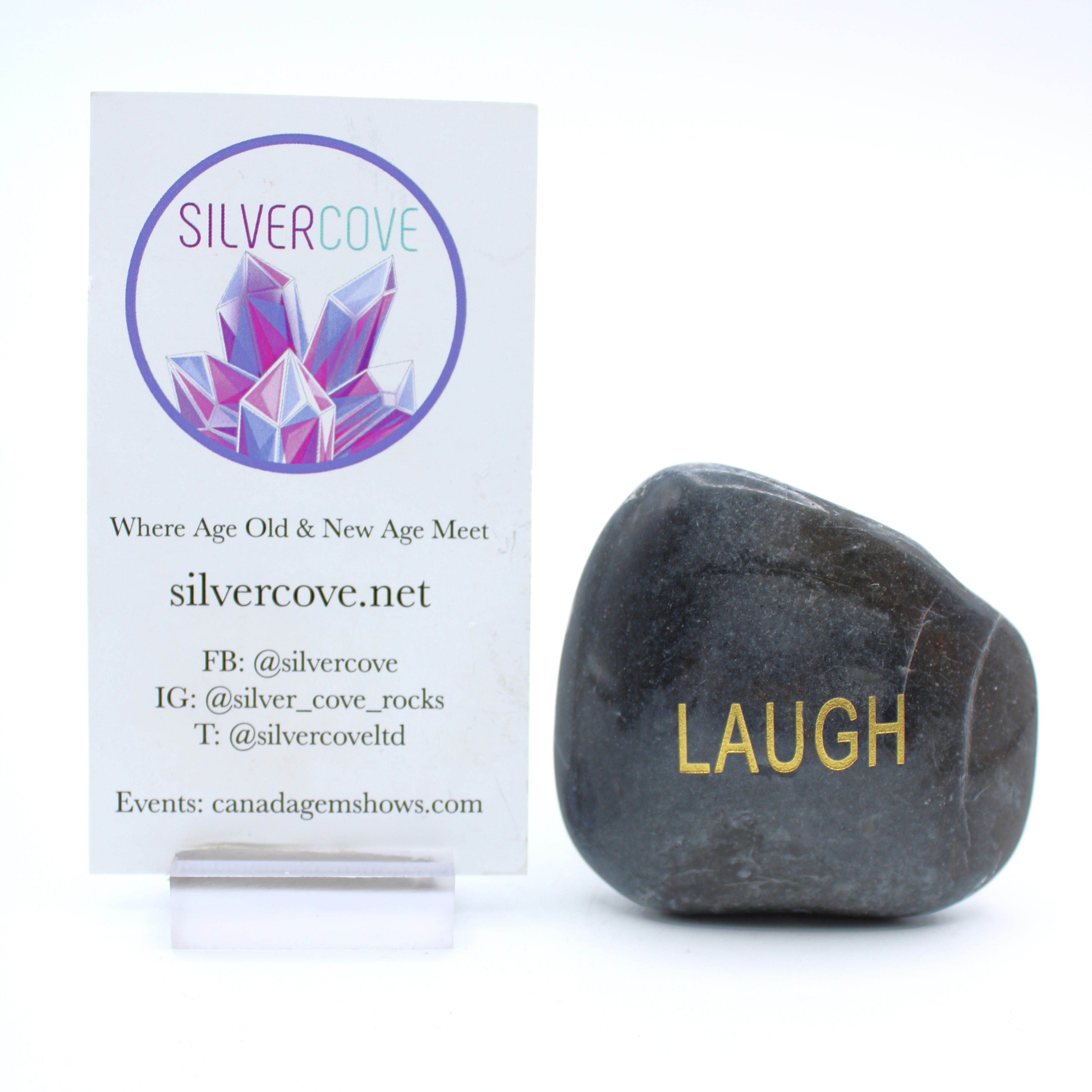 Black Chert LAUGH Word Stone - Natural Healing Crystal for Meditation, Home Decor & Positive Energy - Perfect for Yoga, Reiki & Spiritual Gifts