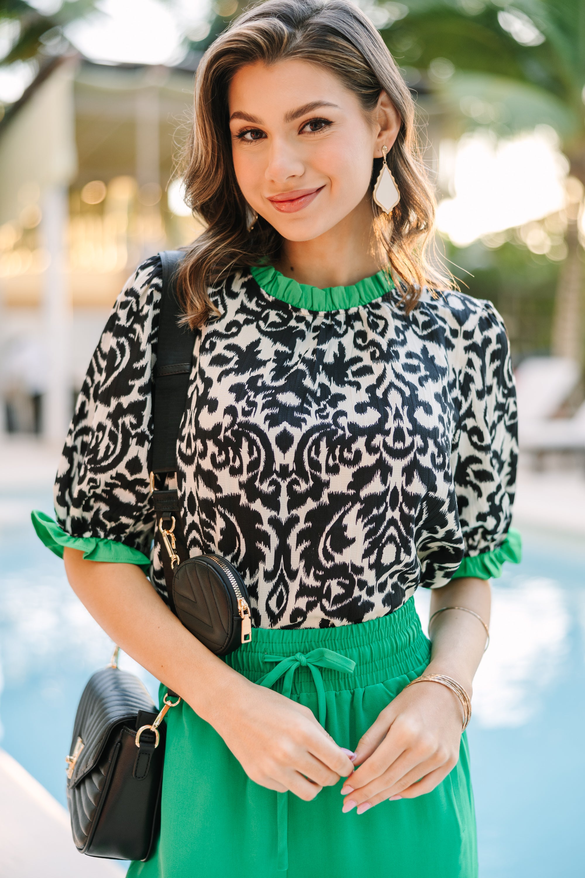Elegant Black & Green Damask Ruffled Blouse for Women - Vintage Floral Print Top for Office, Party & Special Occasions