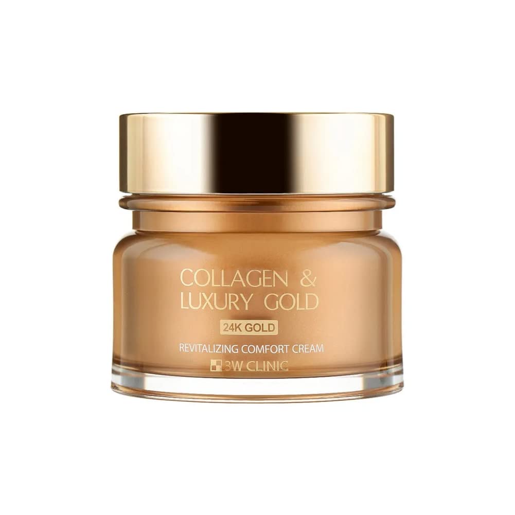 3W Clinic Collagen Luxury Gold Moisture Facial Cream 100ml (3.38 fl.oz) with Shea Butter & 24K Gold - Anti-Aging Hydrating Face Moisturizer for Women - Day & Night Cream for Dry, Sensitive Skin - Perfect for Daily Skincare Routine & Spa Treatments