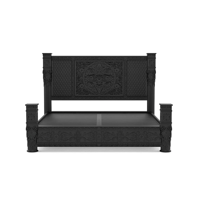 Hand Carved Solid Wood Bedroom Bed Frame - Elegant Black Finish with Intricate Carvings | Perfect for Master Bedrooms, Guest Rooms & Luxury Home Decor