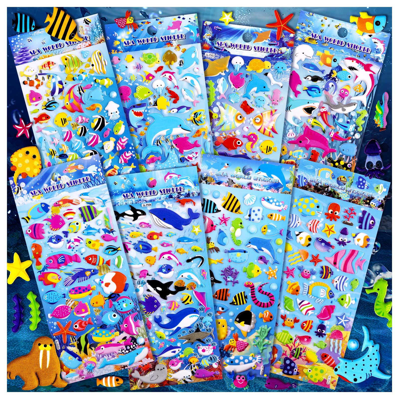 3D Puffy Fish Stickers for Kids & Toddlers - 8 Sheets, 400+ Waterproof Reusable Ocean Animal Stickers for Scrapbooking, DIY Crafts, Party Favors - Perfect for Classroom Activities, Baby Shower Decorations & Underwater Theme Parties