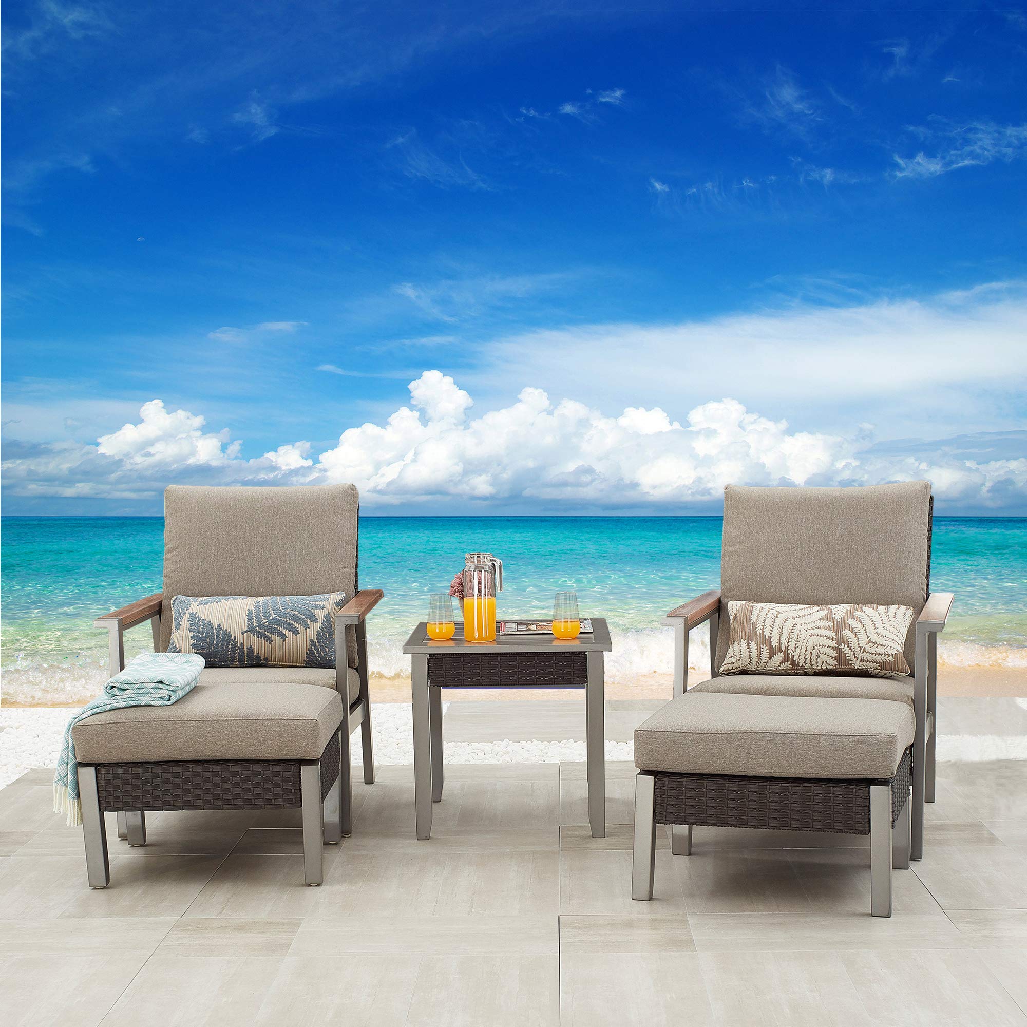 5-Piece Outdoor Patio Furniture Set with Conversation Chairs, Cushions, Ottomans & Square Coffee Table - Metal Frame Garden Bistro Seating with Thick Soft Cushions (Grey) - Perfect for Backyard, Poolside, and Outdoor Entertaining