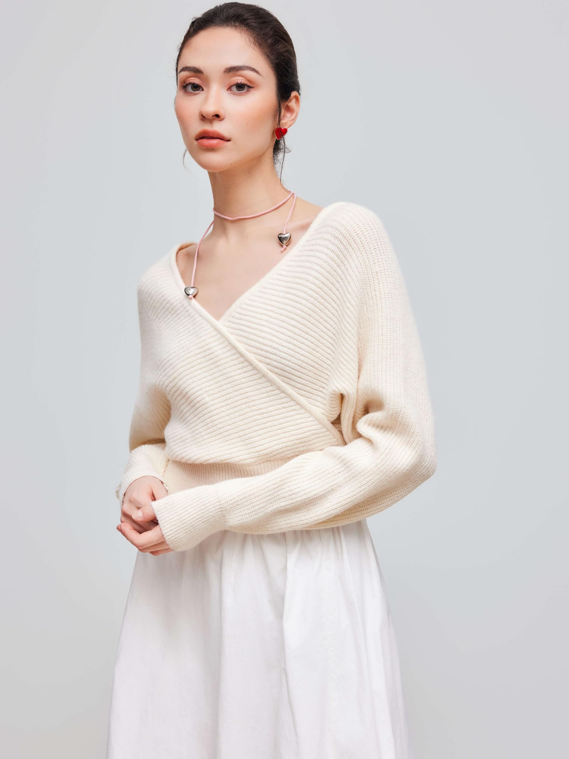 CIDER Women's V-Neck Wrap Front Cropped Sweater - Solid Knit Pullover Long Sleeve Top for Casual Outfits & Layering | Perfect for Fall & Winter Fashion