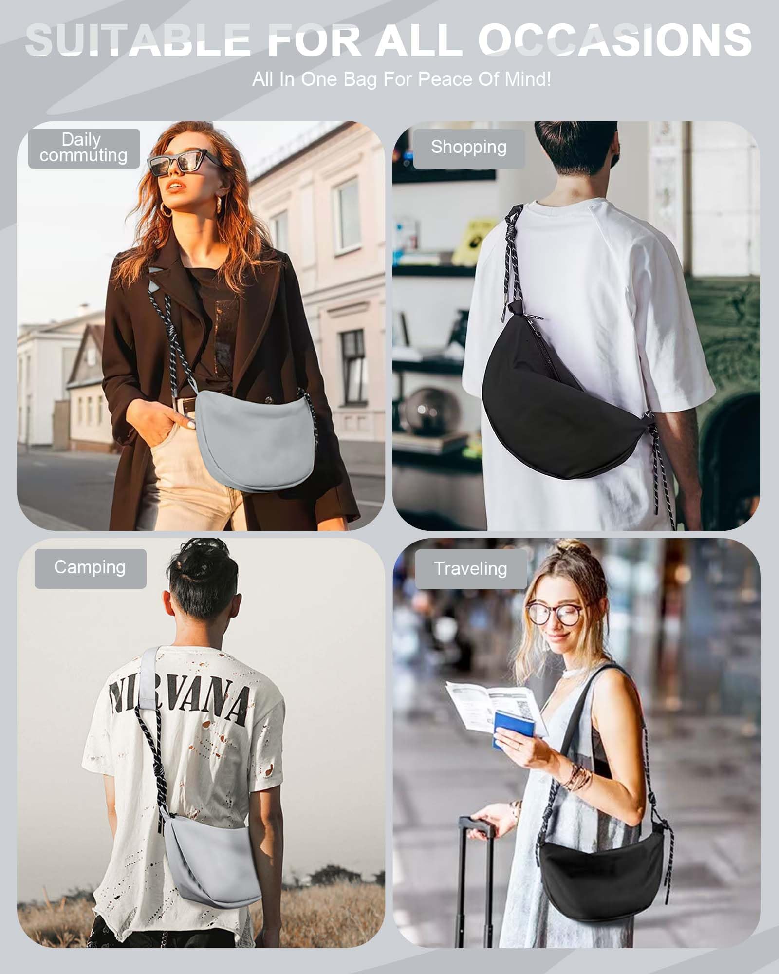 SEAFEW Grey Hobo Bag for Women & Men - Crossbody Purse, Sling Backpack, Shoulder Bag, Small Nylon Fanny Pack - Soft & Casual Trendy Handbag for Daily Use, Travel & Shopping