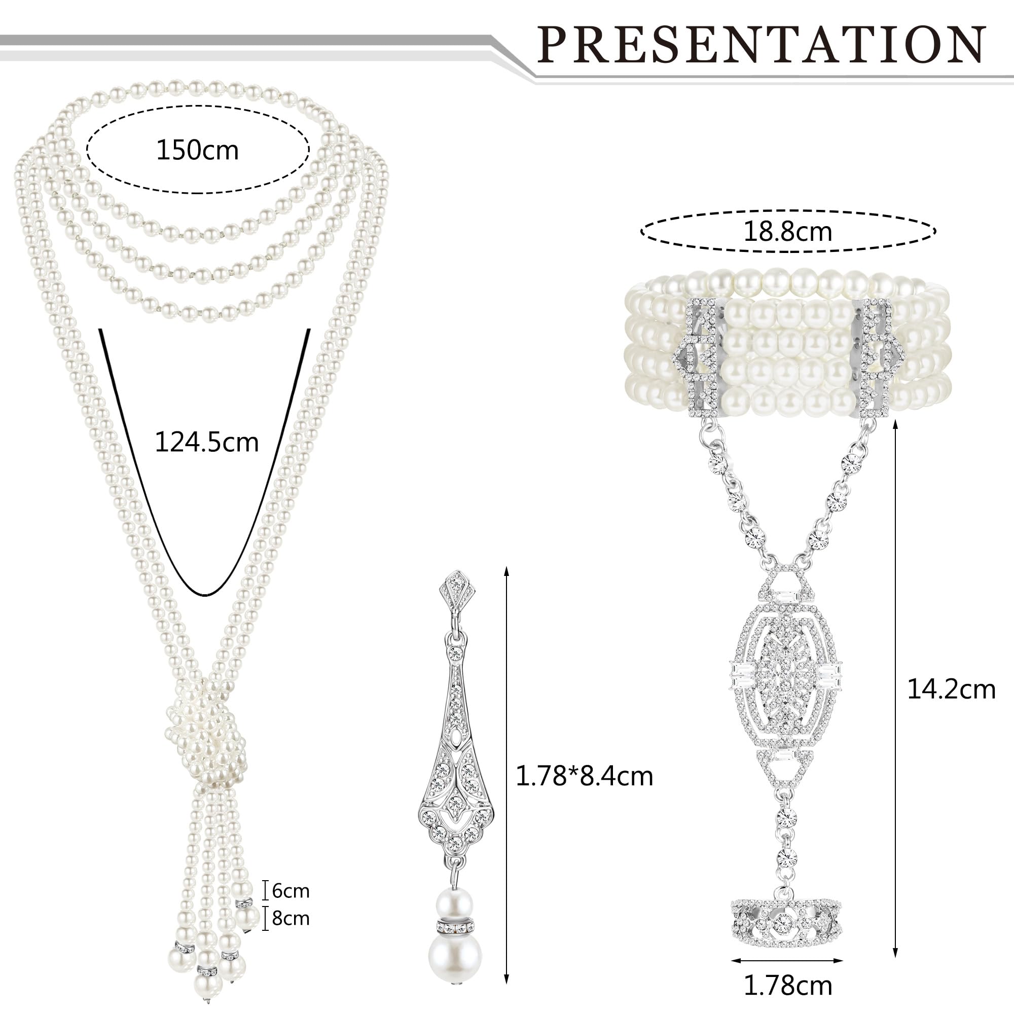 Vintage Pearl Jewelry Set - 6 Pcs 1920s Flapper Necklace, Bracelet, Earrings for Gatsby Party